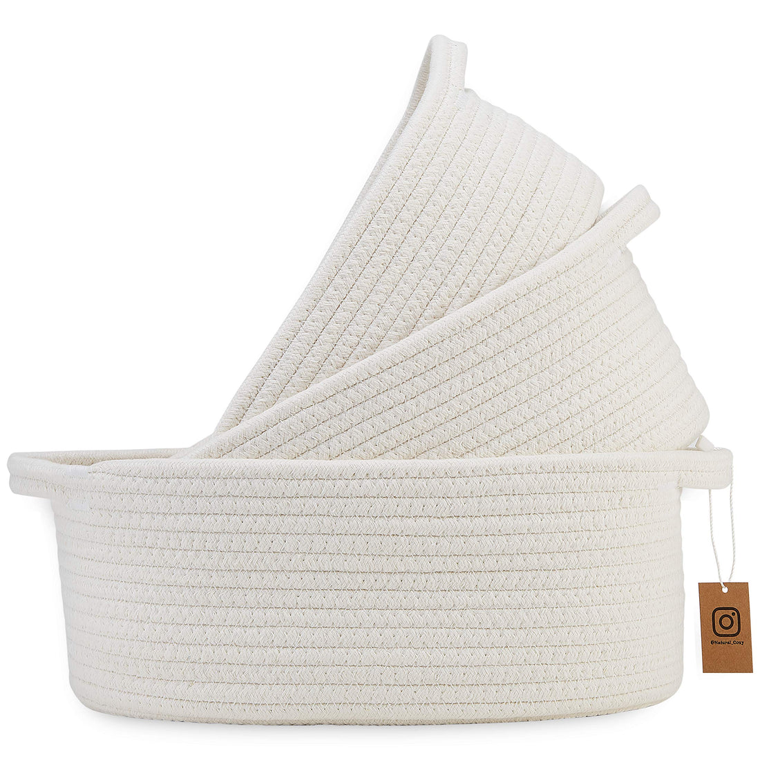 NaturalCozy 3-Piece Oval Storage Basket Set– Soft Natural Rope Woven Baskets for Storage Shelf, Toy, Nursery, Gift, Baby Shower, Pets Cat Dog Bins, Kitchen | Small Basket for Organizing (Off White)