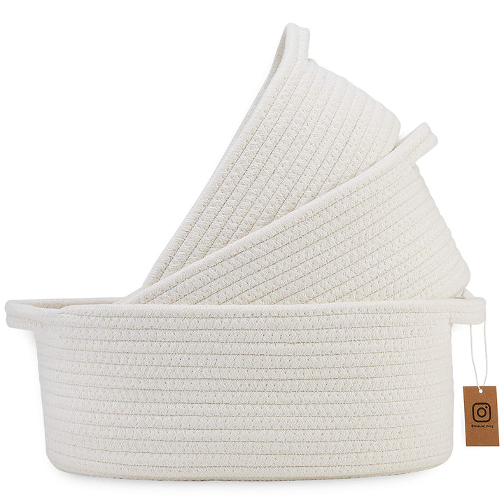NaturalCozy 3-Piece Oval Storage Basket Set– Soft Natural Rope Woven Baskets for Storage Shelf, Toy, Nursery, Gift, Baby Shower, Pets Cat Dog Bins, Kitchen | Small Basket for Organizing (Off White)