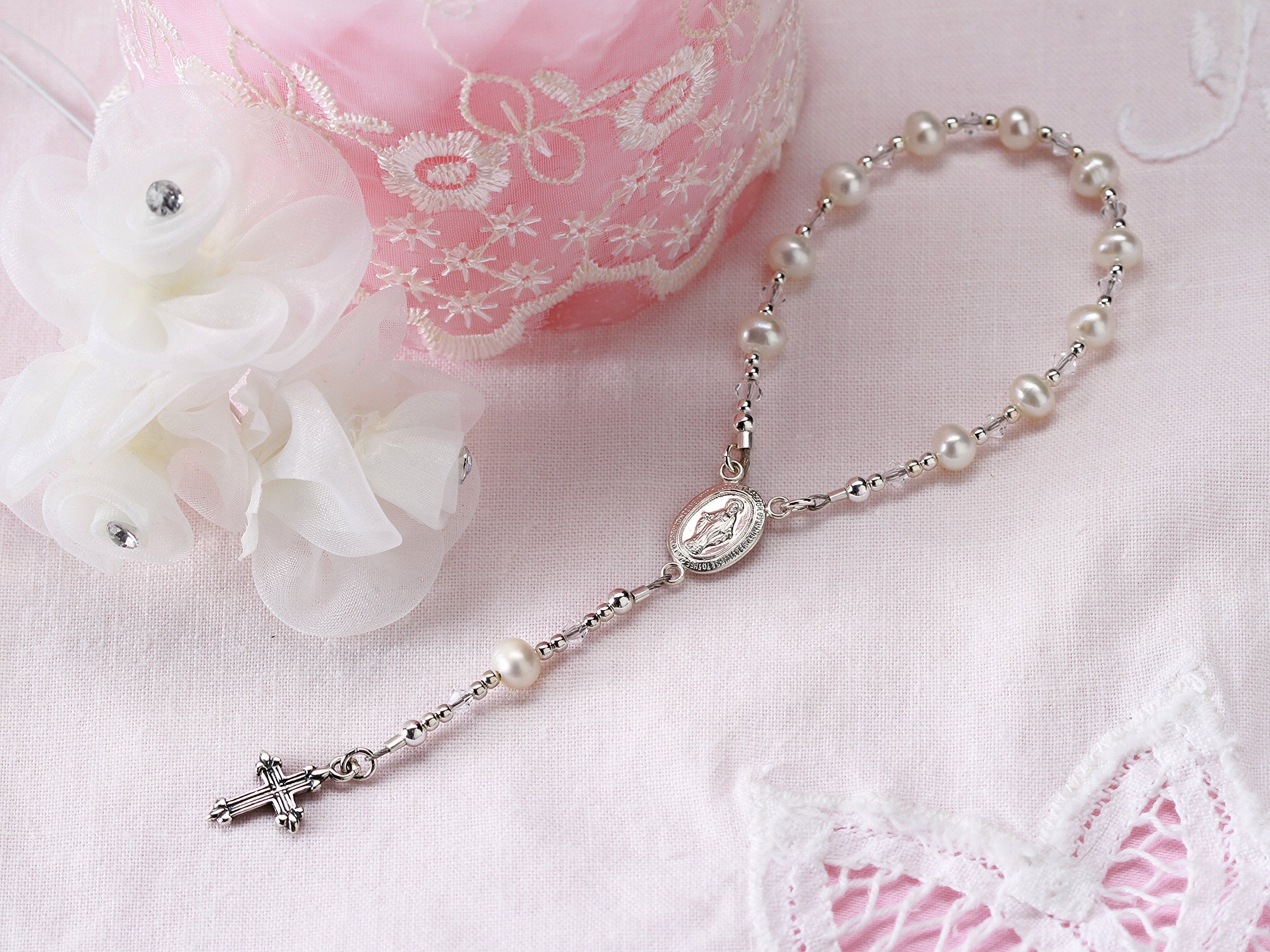 Precious Pieces Sterling Silver White Baby Rosary Baptism Gift