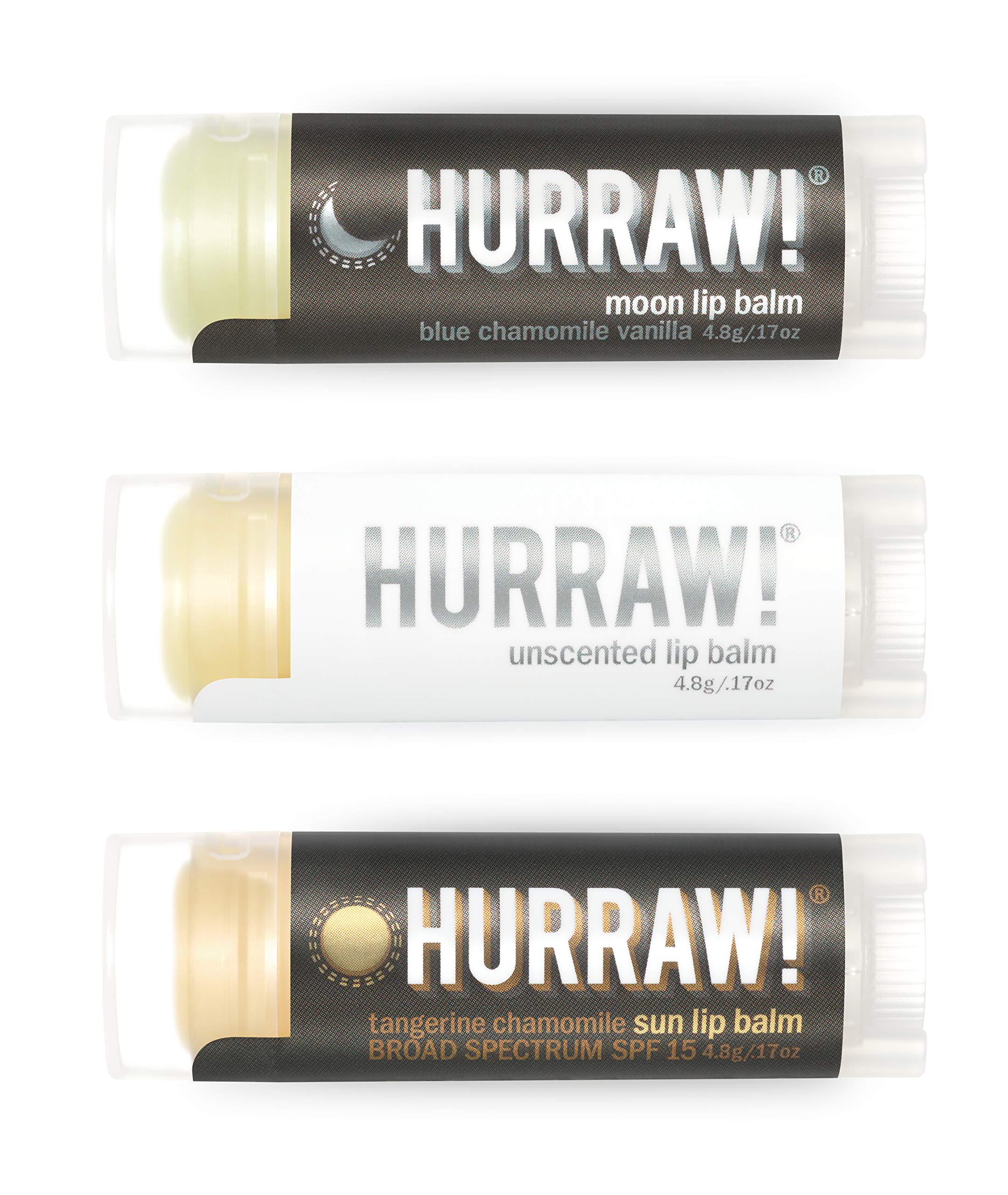 Hurraw! Lip Balms 3 Pack: Sun With Spf 15, Unscented, Moon