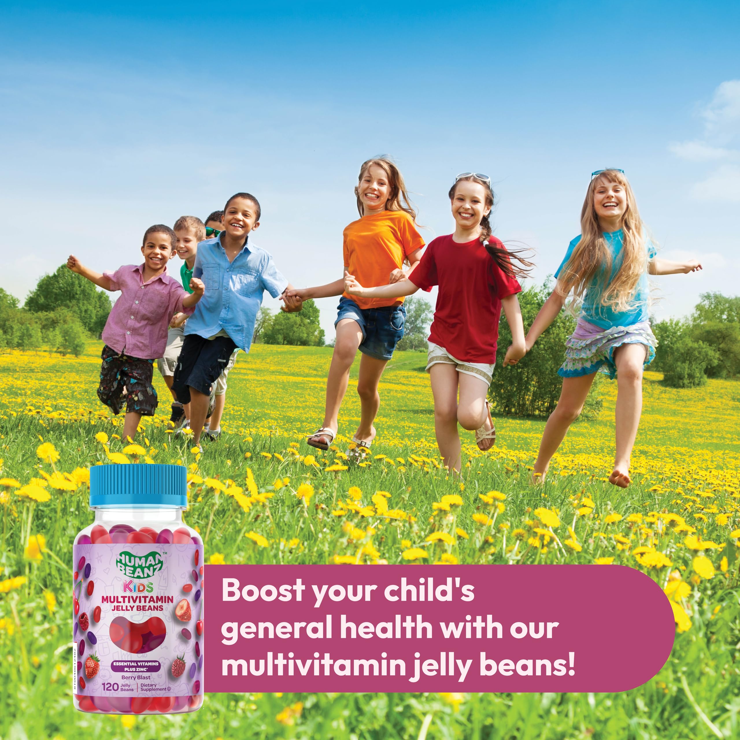 Human Beanz Multivitamin Jelly Bean Gummies with Zinc for Kids, Immune Support Dietary Supplements, Vegetarian, 120 Berry Blast Jelly Beans, Kosher