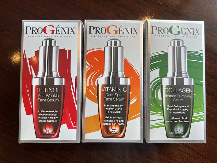 Progenix Professional Skin Care Set. Anti-aging serum set contains Collagen Serum, Retinol Serum, Vitamin C Serum. Helps with the appearance of wrinkles, plump skin, and brighten skin. 1oz each.