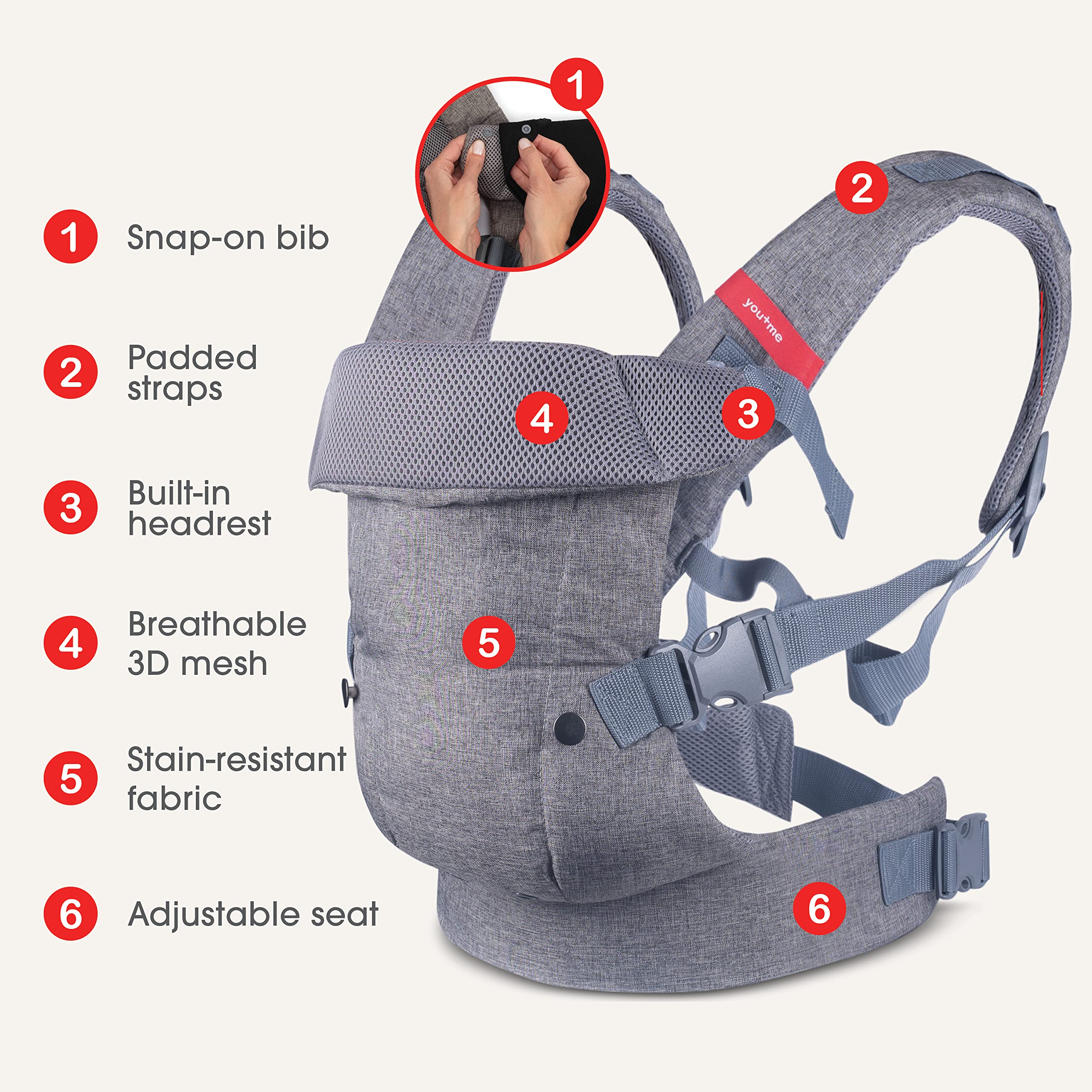 YOU+ME 4-in-1 Newborn to Toddler Chest Carrier - All Positions Front and Back Baby Carriers - Includes 2-in-1 Bandana Bib - Holder for 8-32 lbs (Grey Mesh)