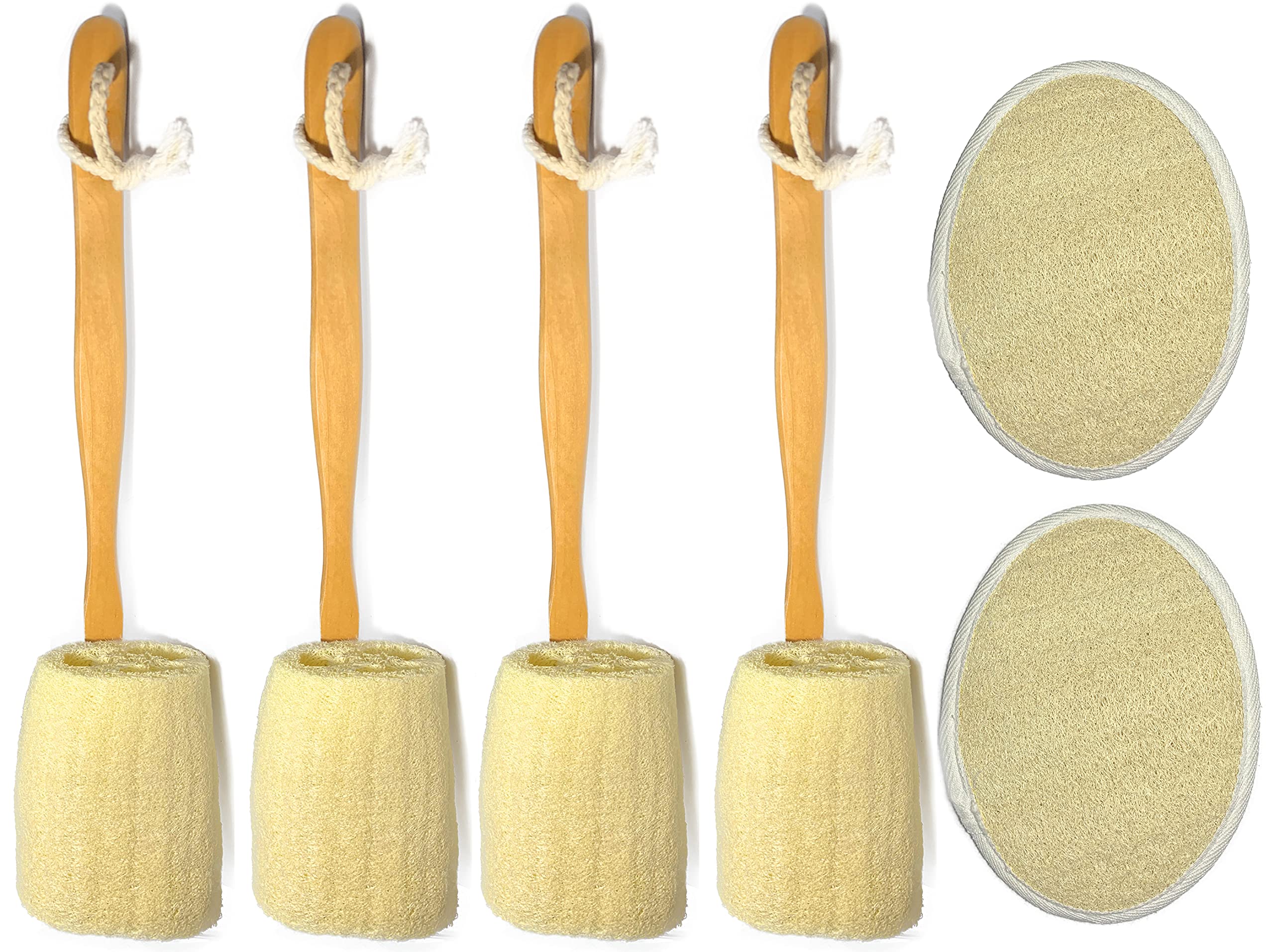 6 pcs/Set - 4 Natural Exfoliating Loofah luffa loofa Bath Brush On a Stick - with Long Wooden Handle Back Brush for Men & Women - 2 XL Large Exfoliating Body Pad - Shower Sponge Body Back Scrubber