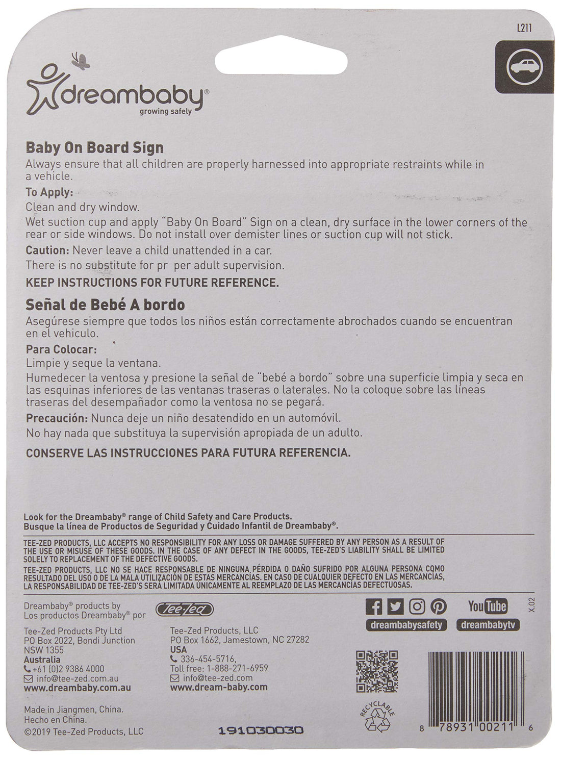 Dreambaby Baby On Board Sign - Baby Safety Awareness Warning Decal - Model L211