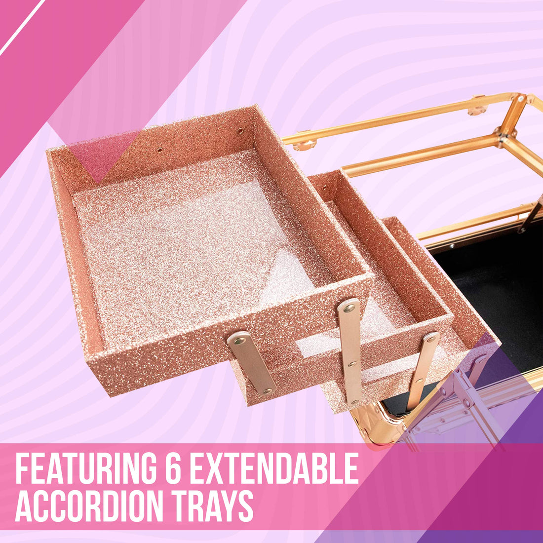 Ver Beauty 3.8mm armored acrylic makeup case jewelry portable travel organizer with 6 extendable trays clear cover micro-fiber cloth brush holders keylocks - vp016, Rose Gold Diamond