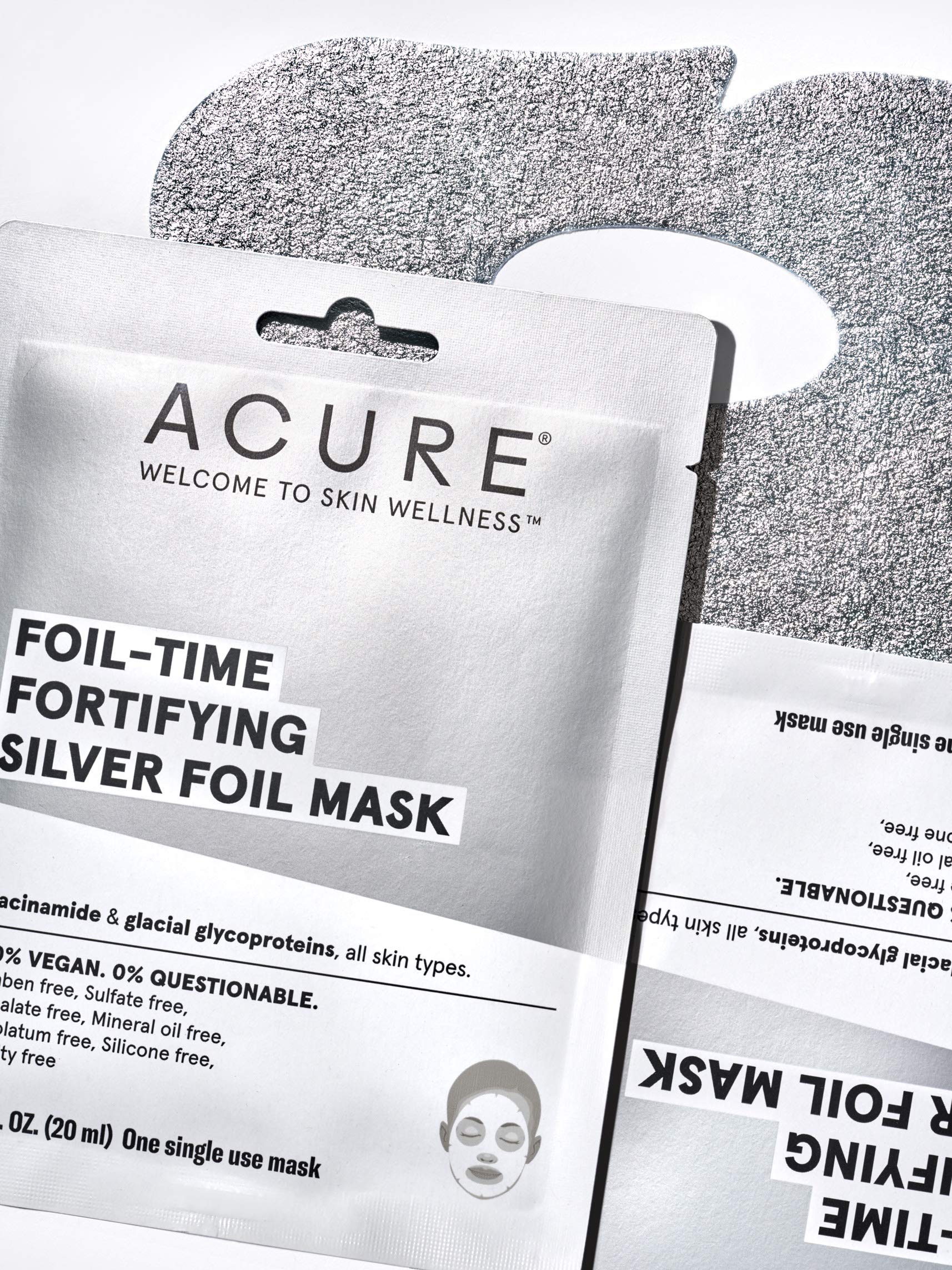 ACURE Foil-Time Fortifying Silver Mask | 100% Vegan | Traps Heat to Open Pores For Superior Serum Delivery | Niacinamide & Glacial Glycoproteins - For Rejuvenated & Refreshed Apprearance | 1 Count