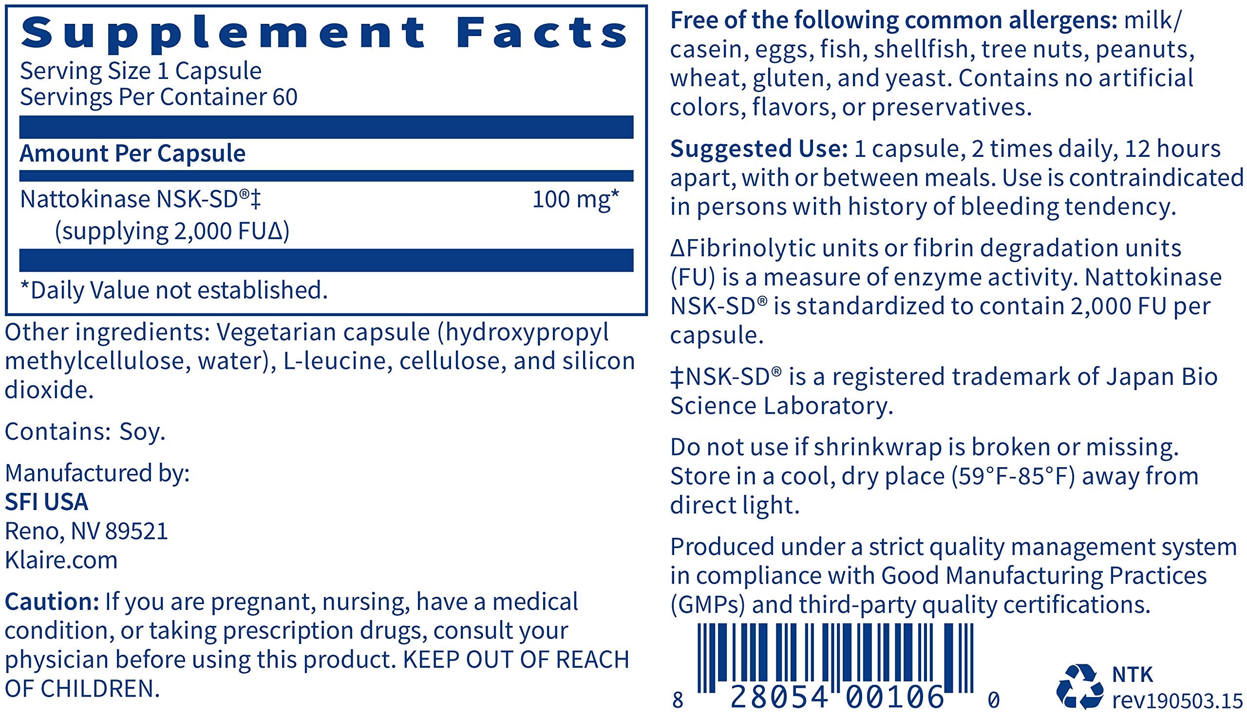 Klaire Labs Nattokinase NSK-SD - Proteolytic Enzyme for Cardiovascular Support, Dairy & Gluten-Free (60 Capsules)