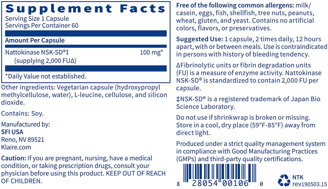 Klaire Labs Nattokinase NSK-SD - Proteolytic Enzyme for Cardiovascular Support, Dairy & Gluten-Free (60 Capsules)