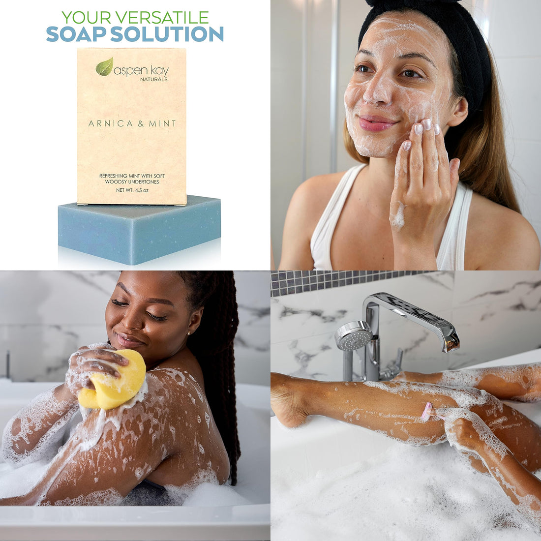 Aspen Kay Naturals Arnica and Mint soap, vegan, olive oil, shea butter, coconut oil, essential oils, palm oil, cold processed. for all skin types, sensitive skin, MADE IN THE USA (1 pack)