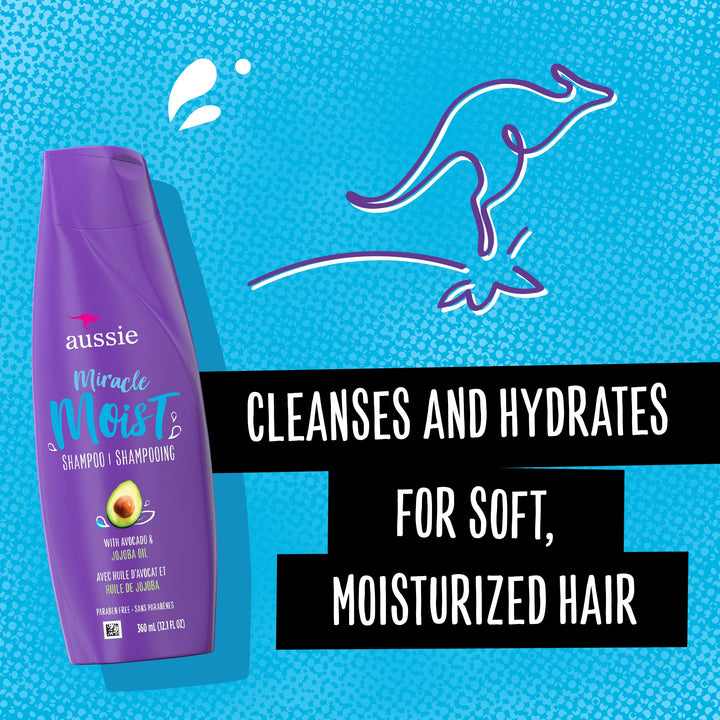 Aussie For Dry Hair Paraben Free Miracle Moist Shampoo W/Avocado & Jojoba, 12.1 Fluid Ounce