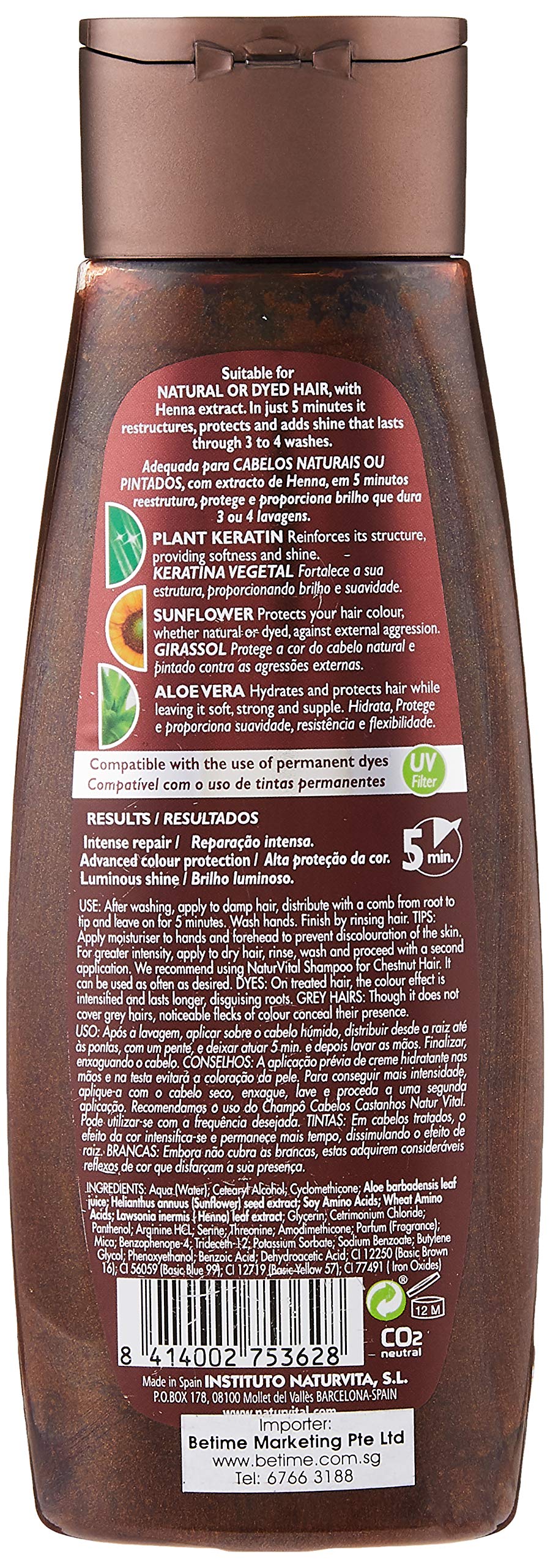 Colouring Hair Mask - Repairs and Colours - 300 Ml / Natural & Organic. (Chestnut Hair) by Natur Vital
