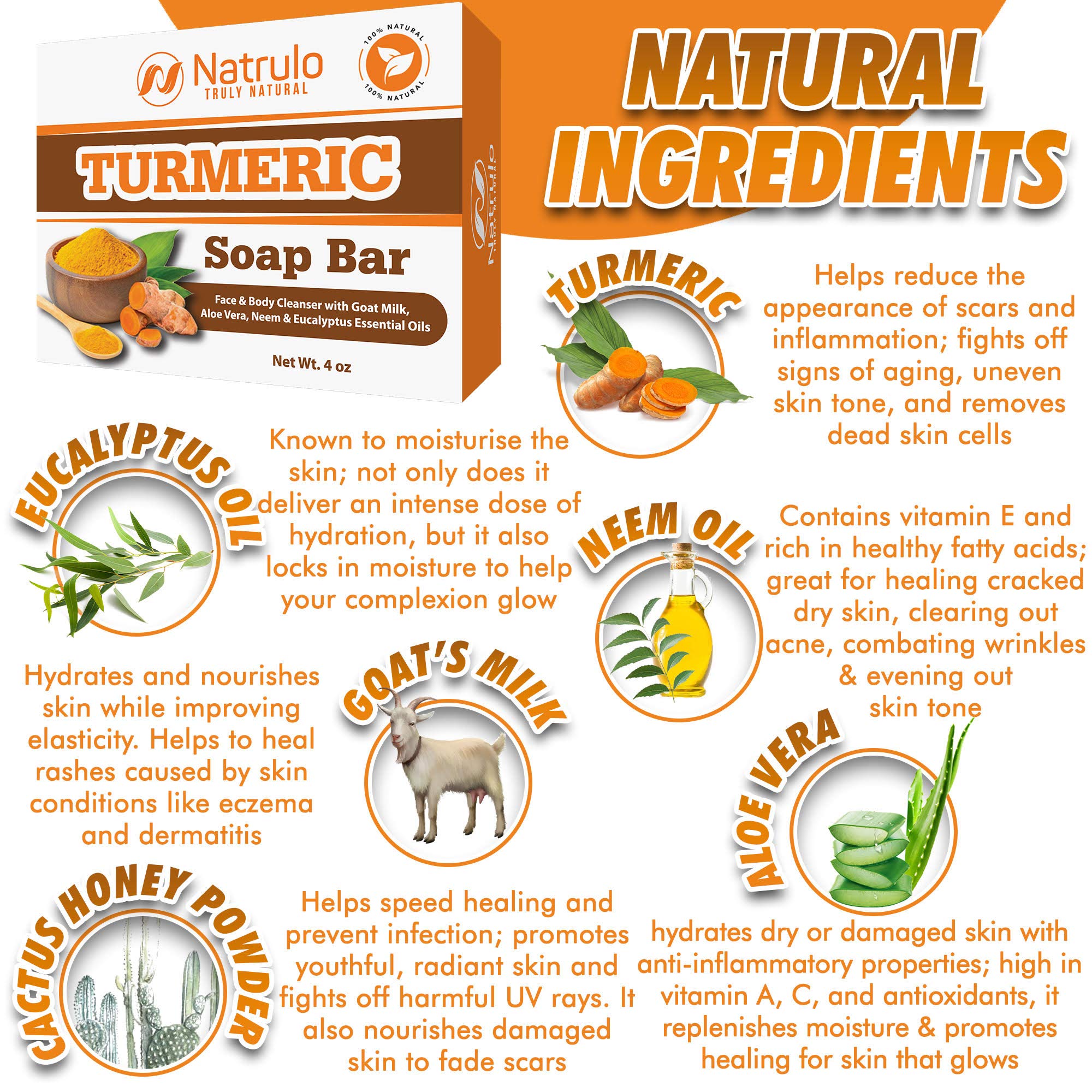 Turmeric Soap Bar for Face & Body - All Natural Turmeric Skin Soap - Turmeric Face Soap Reduces Acne, Fades Scars & Cleanses Skin - 4 Oz Turmeric Bar Soap for All Skin Types Made in USA