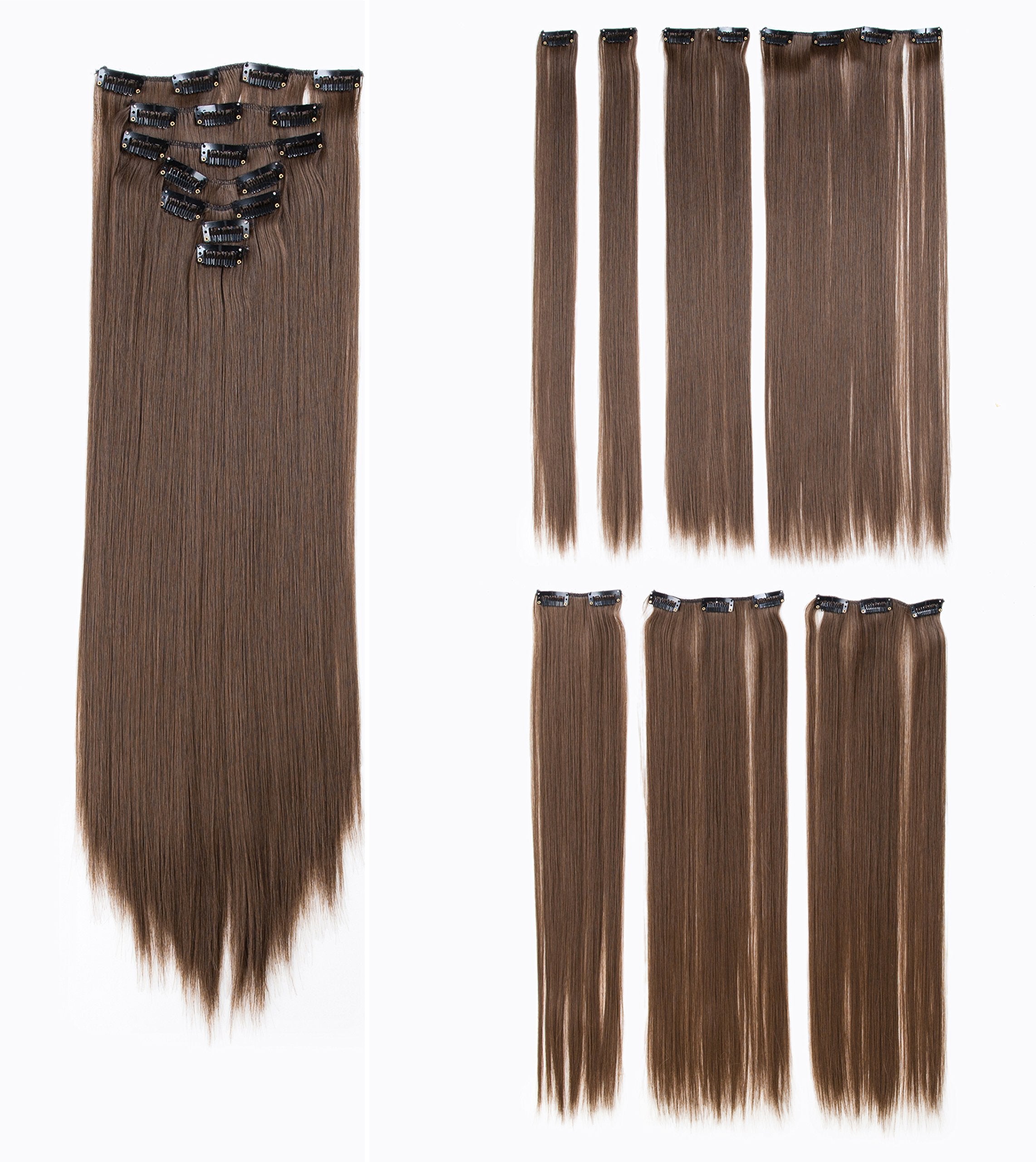 Medium Ash Brown-8# : SWACC Women 22 Inches Straight Full Head 7 Separate Pieces Heat Resistance Synthetic Hair Clip in Hair Extensions (Medium Ash Brown-8#)