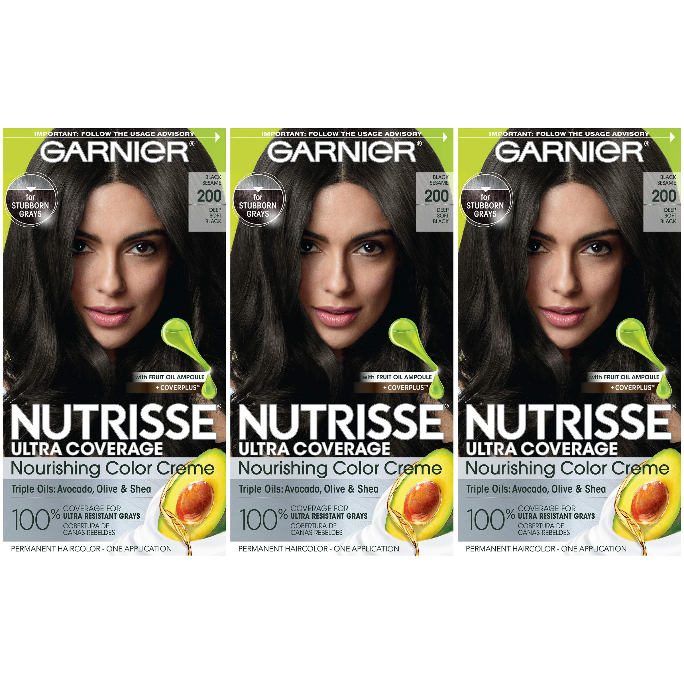 Garnier Hair Color Nutrisse Ultra Coverage Nourishing Creme, 200 Deep Soft Black (Black Sesame) Permanent Hair Dye, 3 Count (Packaging May Vary)