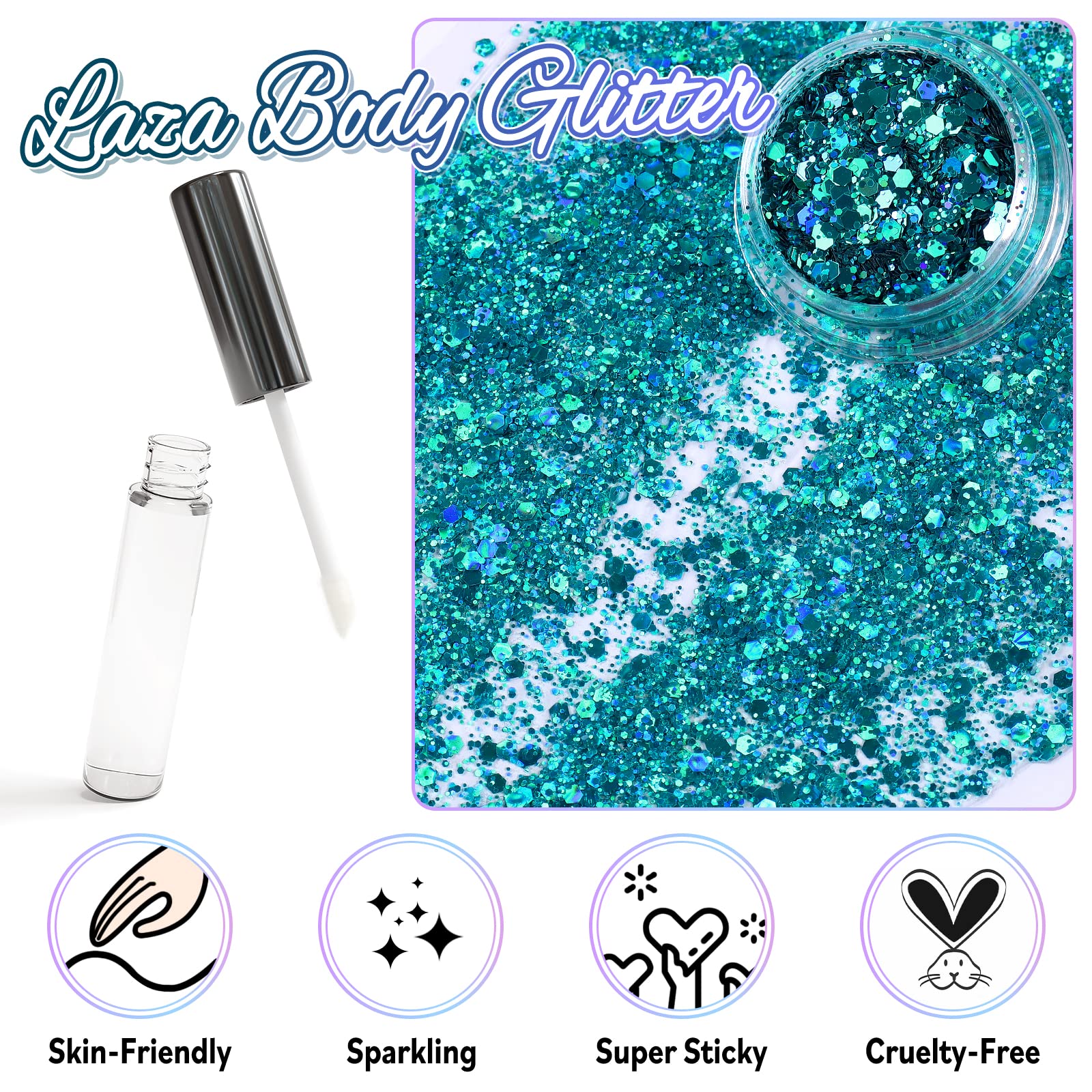 Laza Body Glitter, 2 Jars Holographic Chunky Sequins with Glitter Glue Perfect for Women Eyeshadow Makeup Face Paint Festival Rave Outfits Hair Accessories Carnival Party Costumes - Cyan Blue