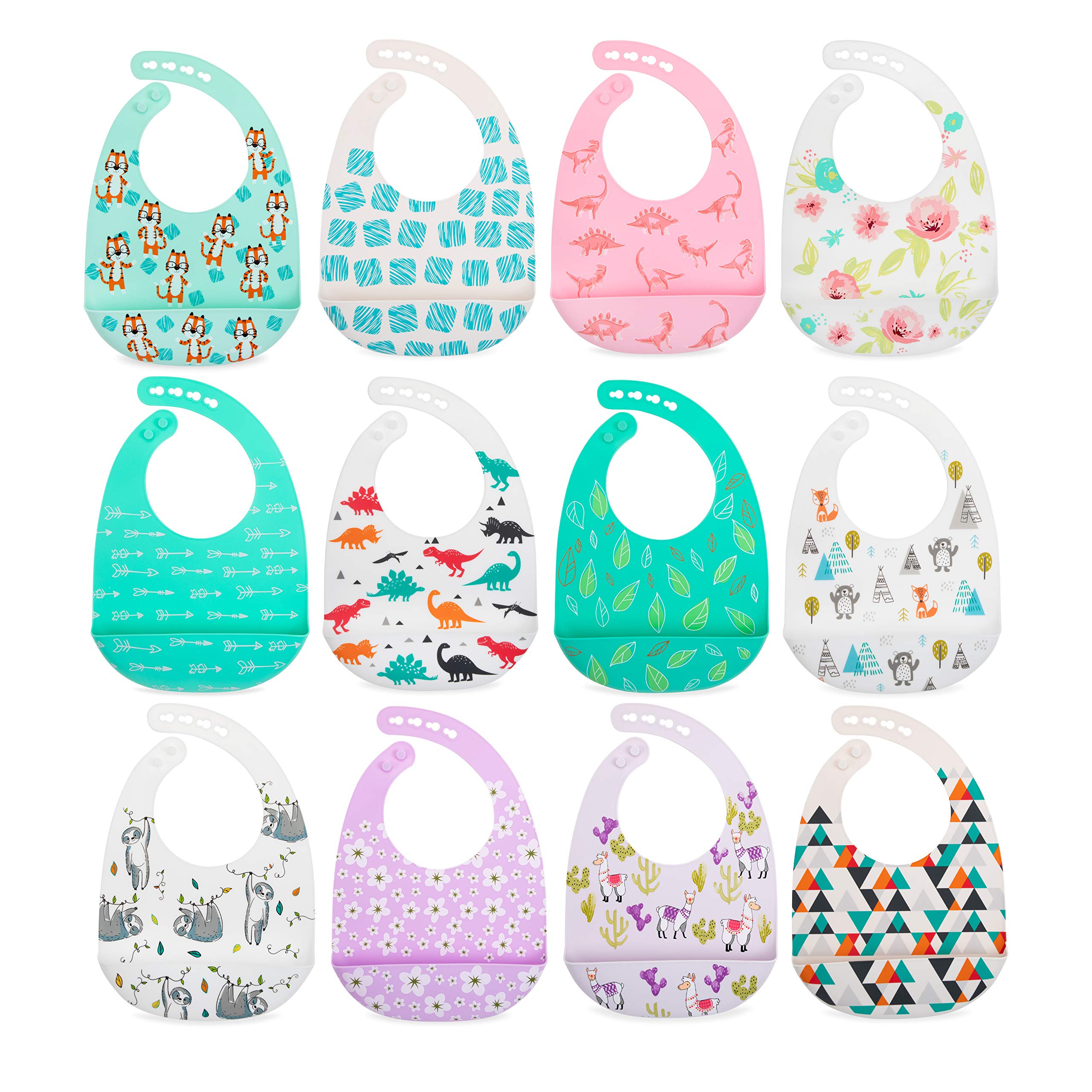 Nuby 2 Pack Adjustable Easy Clean Soft Silicone Bibs with Scoop, Triangles & Dinosaurs