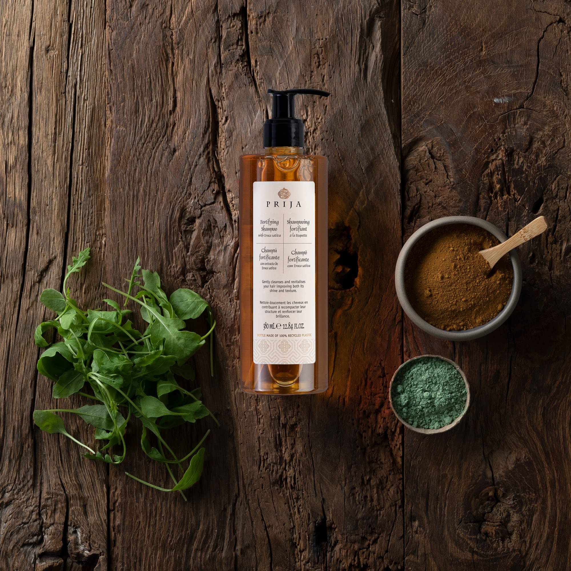 Prija Fortifying and Strengthening Shampoo with Eruca Sativa (12.84 fl oz) - For all Hair Types - Vegan Friendly - Dermatologically Tested - Made with 100% Recycled Bottle