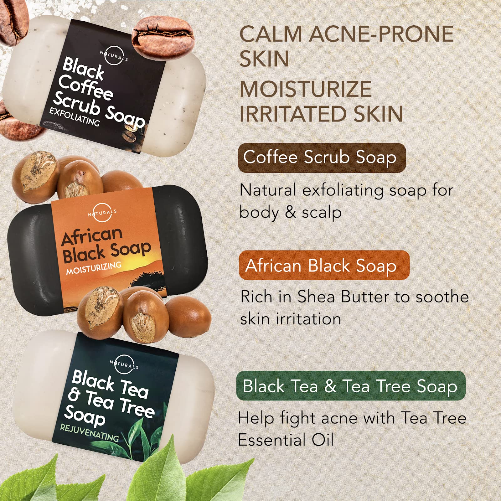 O Naturals 6-Piece Black Soap Bar Collection. 100% Natural. Organic Ingredients. Helps Treat Acne, Repairs Skin, Moisturizes, Deep Cleanse, Luxurious. Face & Body Women & Men. Triple Milled, Vegan 4oz