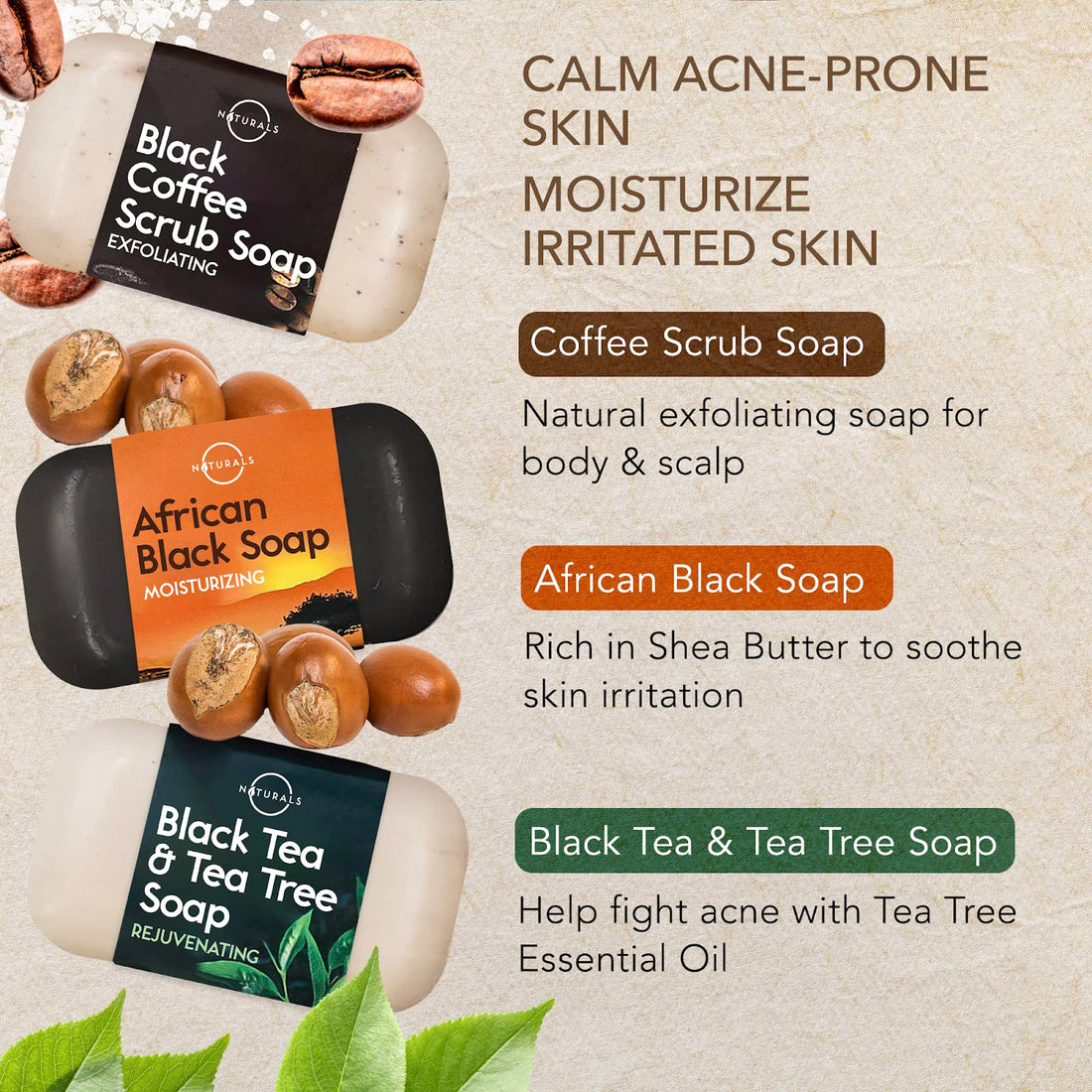 O Naturals 6-Piece Black Soap Bar Collection. 100% Natural. Organic Ingredients. Helps Treat Acne, Repairs Skin, Moisturizes, Deep Cleanse, Luxurious. Face & Body Women & Men. Triple Milled, Vegan 4oz