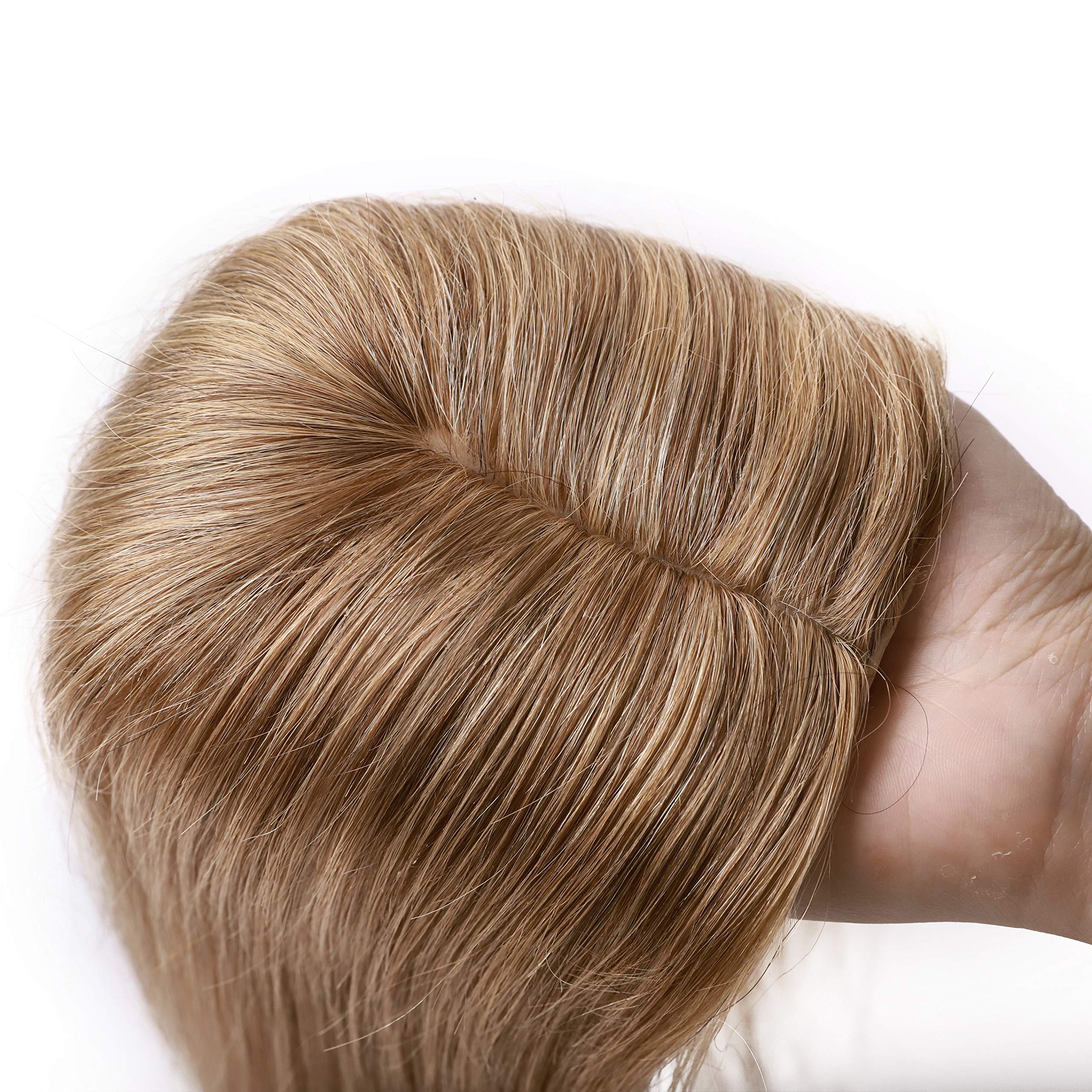 S-noilite 6 Clip in Hair Topper Human Hair 130% Density Silk Base Crown Top Hairpieces Hand Tied Hair Toupee Wiglet For Women with Thinning Hair Add Hair Volume 27g #27 Dark Blonde