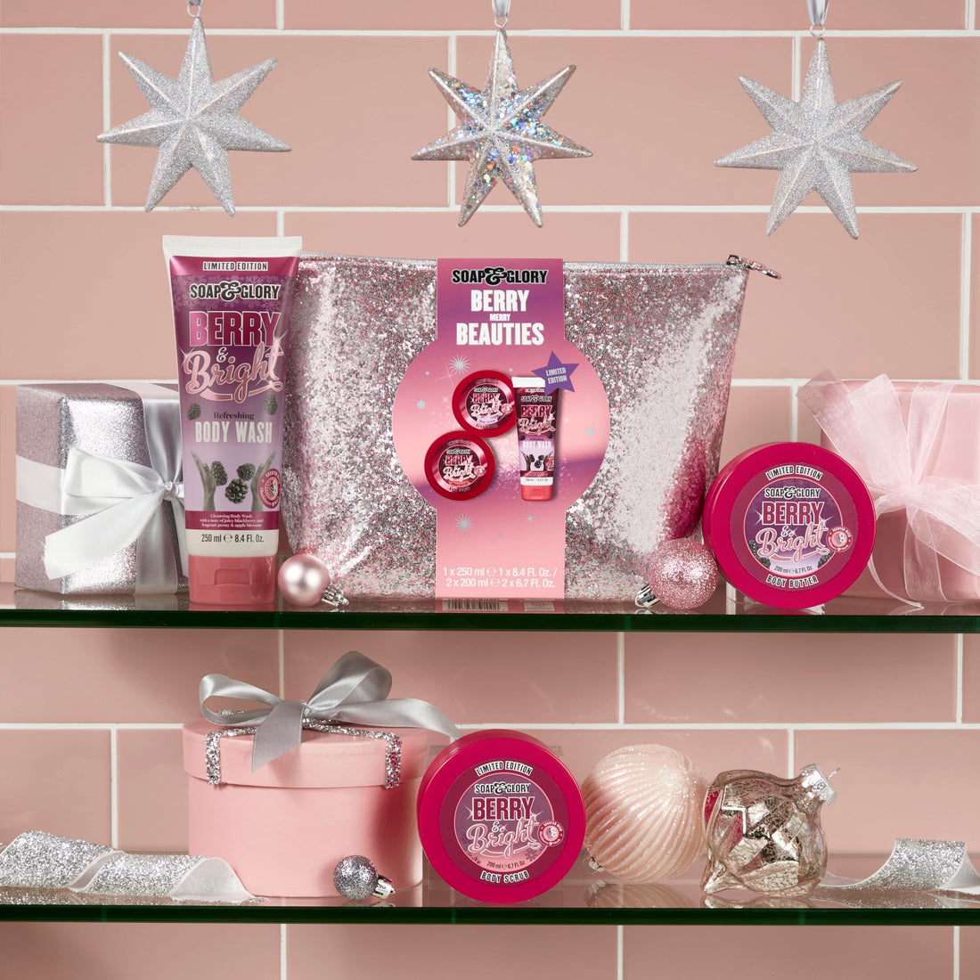 Soap & Glory Berry Merry Gift Set - Limited Edition Body Wash, Exfoliating Scrub and Body Butter - Enriched with Notes of Blackberry, Peony & Apple Blossom (3 Count)