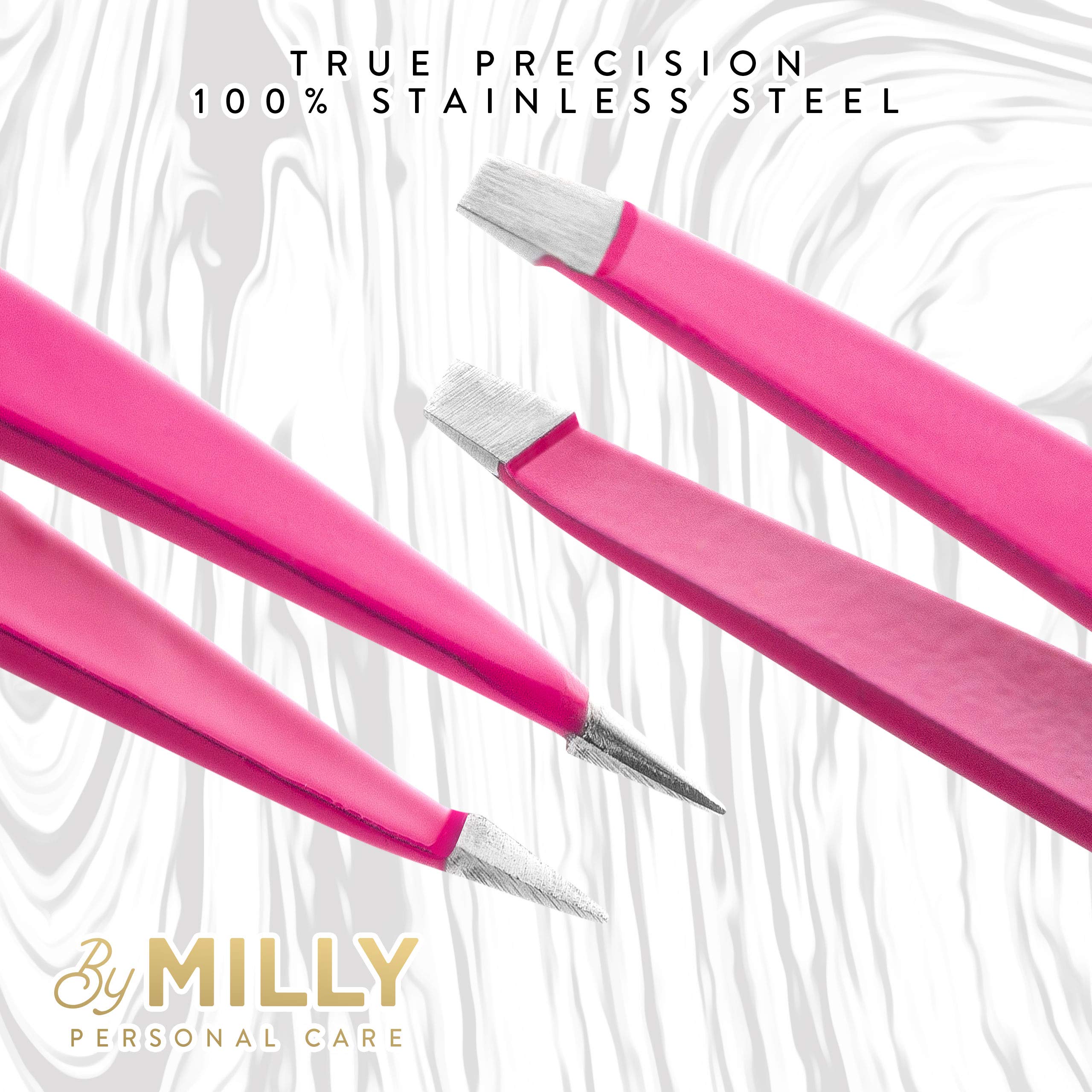 Precision Tweezers | Slant and Pointed | Tweezers for Eyebrows and Ingrown Hair | Tweezers Set | Perfectly Aligned Hand-Filed Tips For Ultra Precision | Effortless Plucking | For Men and Women | Pink