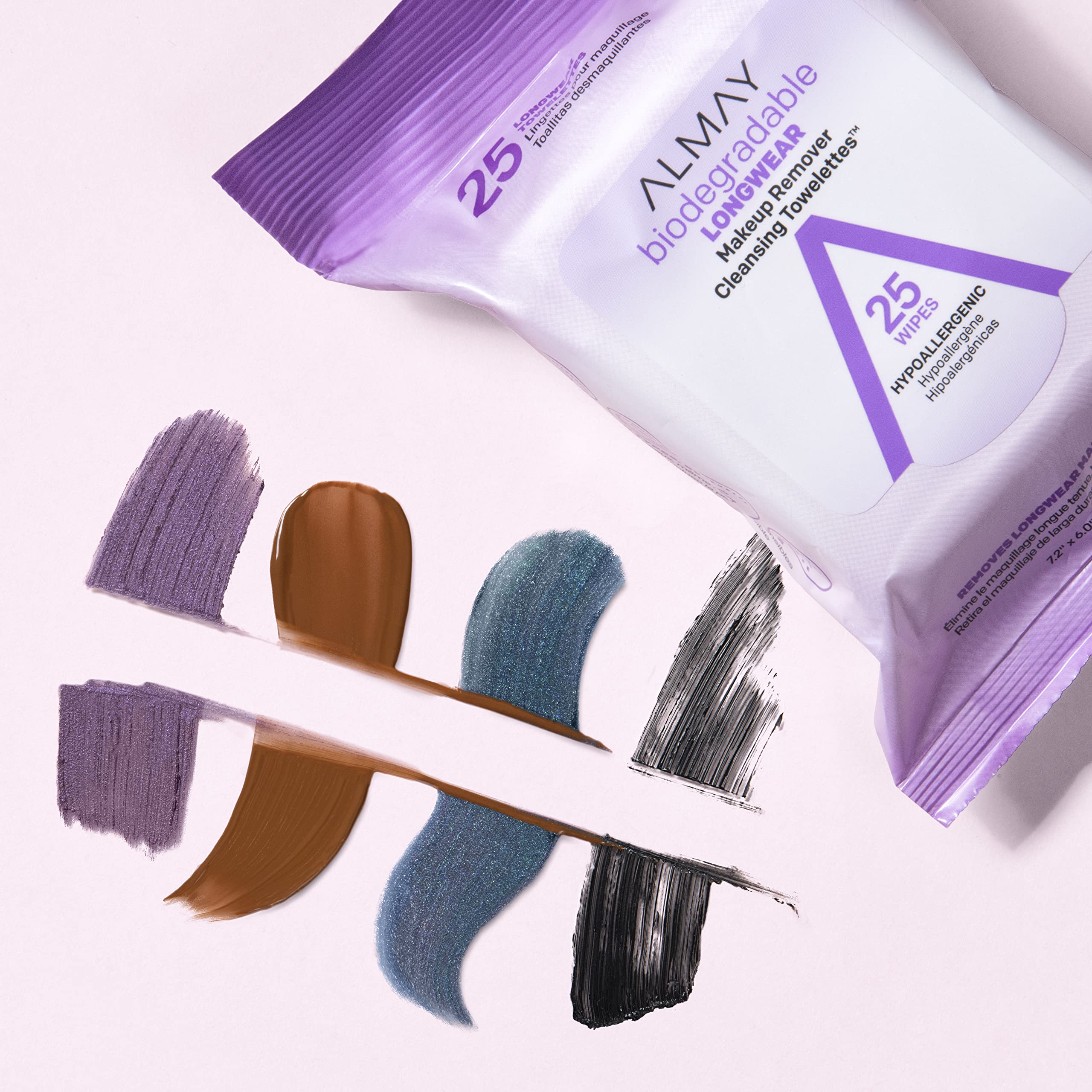 Almay Makeup Remover Cleansing Towelettes, Biodegradable Longwear Makeup Wipes for Sensitive Skin, Hypoallergenic, Cruelty Free, -Fragrance Free, 25 Count