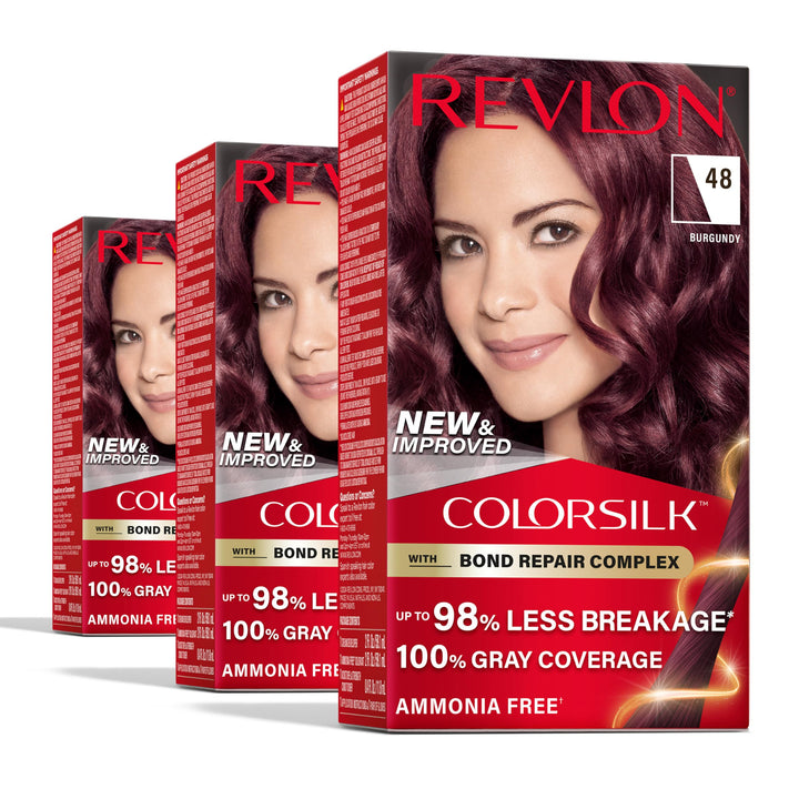 Revlon ColorSilk with Bond Repair Complex, Burgundy Permanent Hair Color, 100% Gray Coverage, Ammonia Free Hair Dye, Vegan Keratin, 48 Burgundy (Pack of 3)