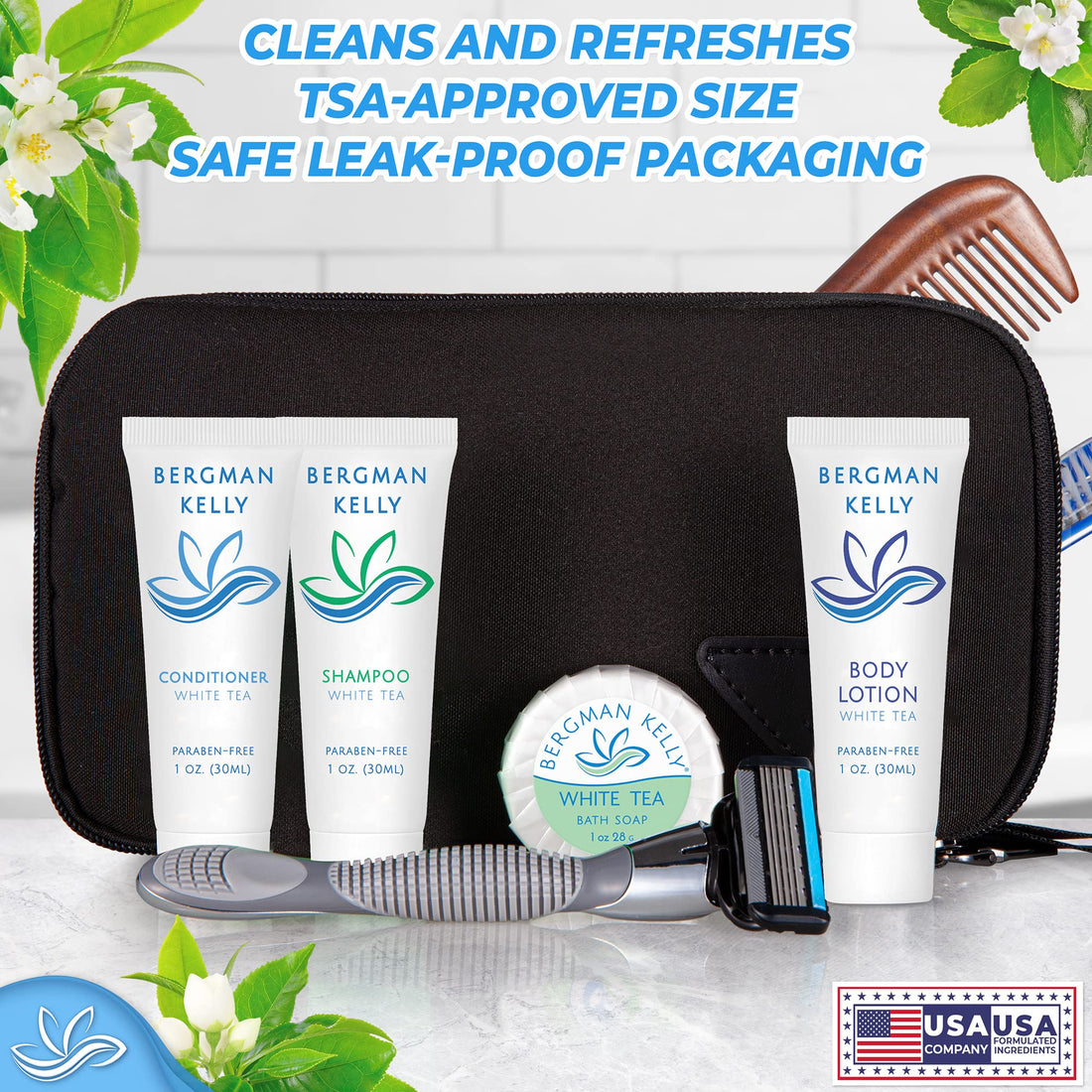 Bergman Kelly - Travel Size 2 in 1 Shampoo & Conditioner - 1 fl oz, 100 PK, White Tea - Delight Your Guests w/Revitalizing & Refreshing Shampoo Amenities, Quality Small Size Hotel Toiletries in Bulk