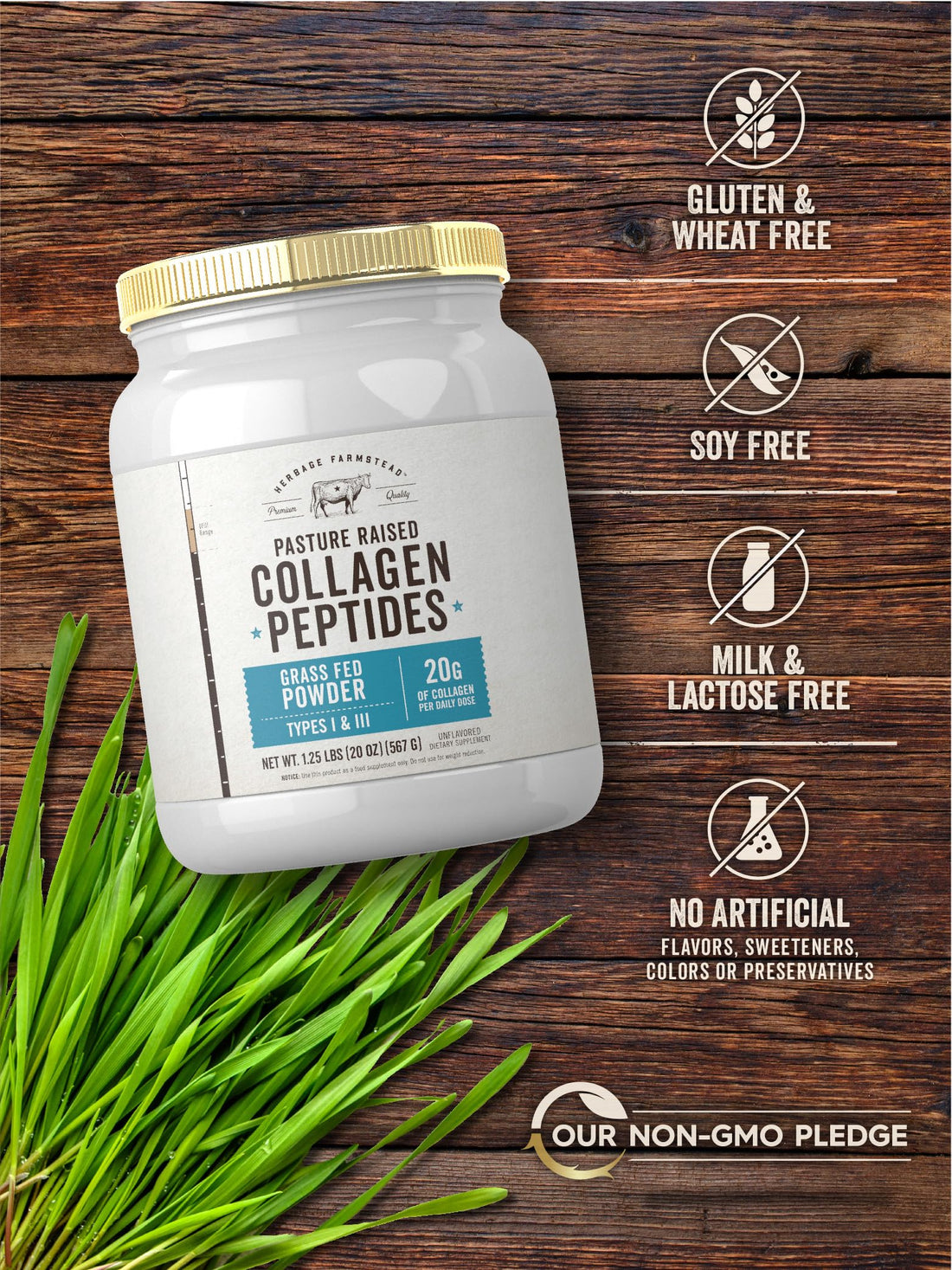 Carlyle Grass Fed Collagen Peptides Powder 20oz | Unflavored | Pasture Raised | Types I & III | 20g of Collagen Per Daily Dose | Non-GMO, Gluten Free | by Herbage Farmstead