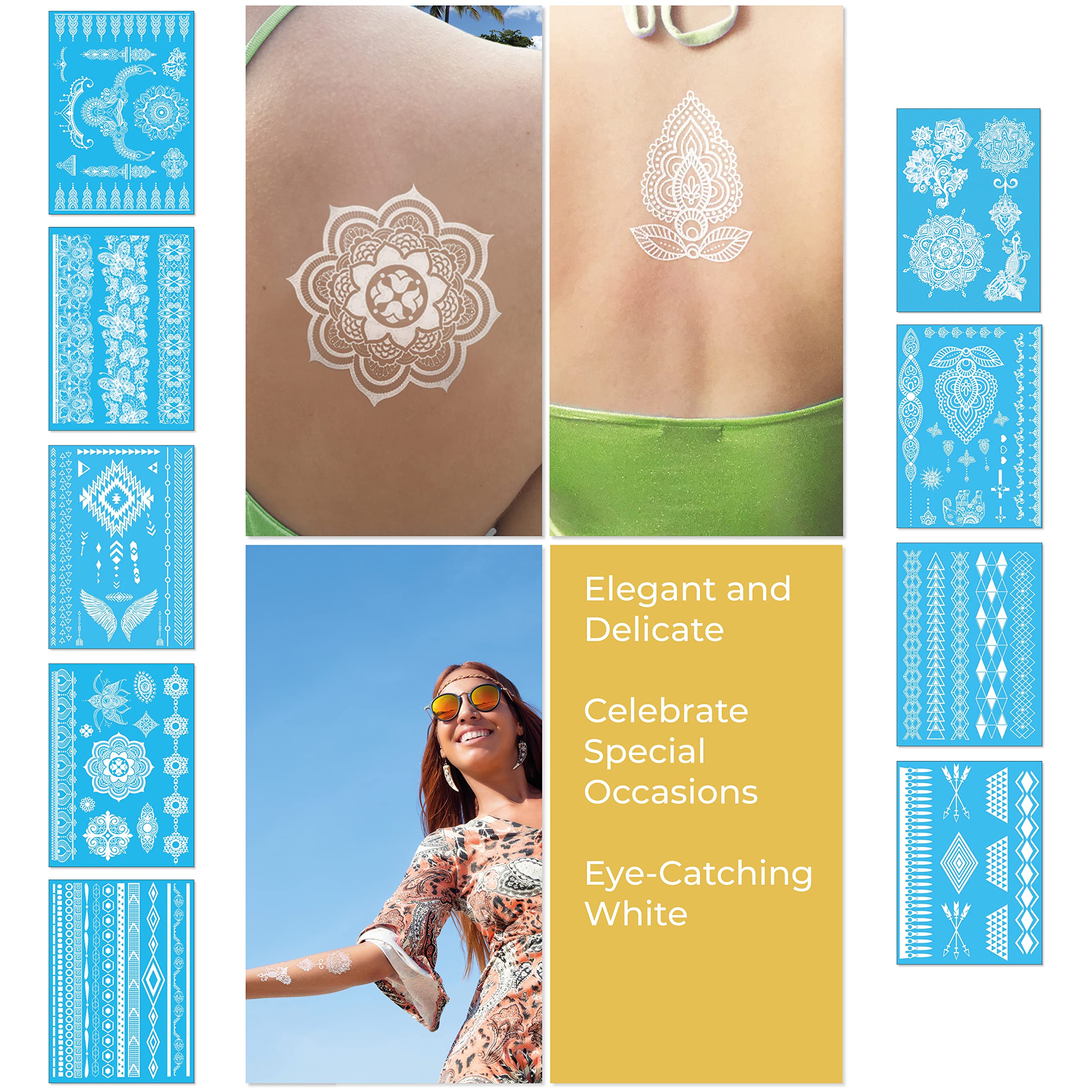 White Temporary Tattoos for Women Teens Girls - 9 Sheets Henna White Lace Fake Tattoos - Tattoo Designs Jewelry Tattoos - 100+ White Flash Fake Waterproof Tattoo Stickers