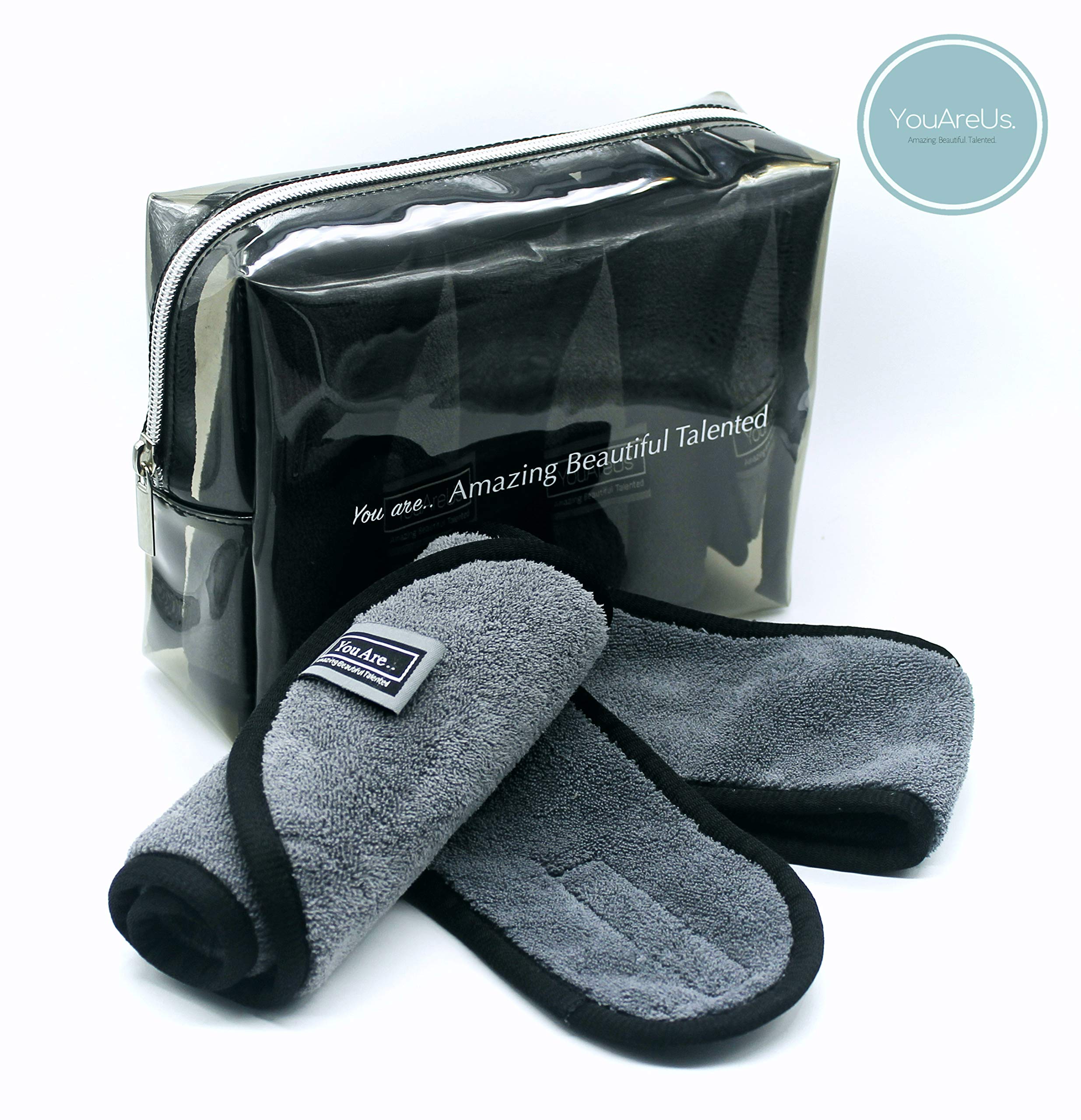 Makeup Remover Cloths by YouAreUs. Reusable Eco Friendly 3-Pack of Professional Microfiber. Chemical Free Towels. Perfect Wipes For Removing Face and Eye Make up with only Water - Bonus Spa Headband