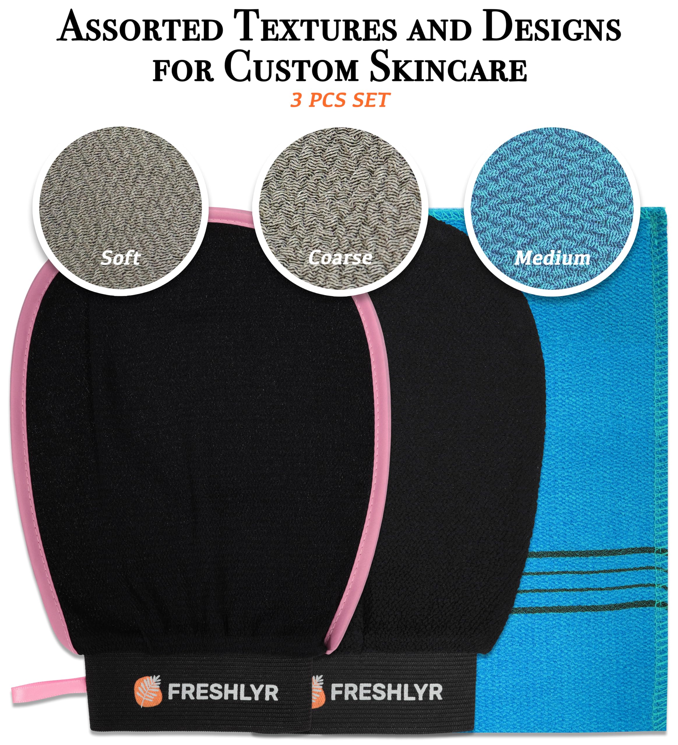 Exfoliating Gloves (3 Pcs) – Korean Body Scrubber Mitt for Shower & Bath, Deep Cleansing & Dead Skin Remover, Multi-Texture Exfoliator for Smooth & Glowing Skin