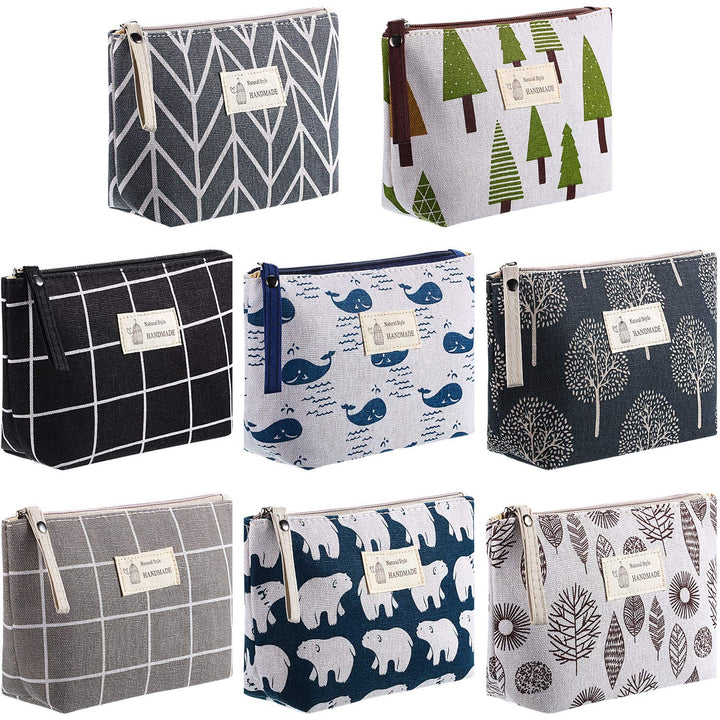 Boao 8 Pieces Canvas Cosmetic Bags Printed Small Makeup Bag Multi Function Travel Organizer Pouch Purse with Zipper for Women Fall Vacation Travel Toiletry Bag Christmas Birthday Gift, 8 Styles