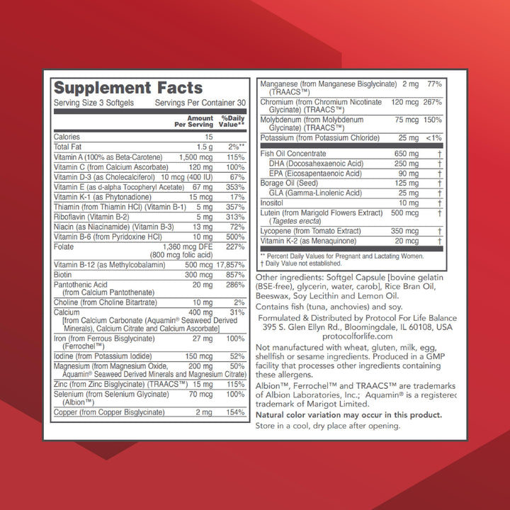 Protocol Pre-Natal Multivitamin with DHA - 250 mg DHA - for Pregnancy & Lactation Support* - with DHA, Calcium, Copper, B12 & Vitamin C - Halal & Dairy Free - 90 Softgels