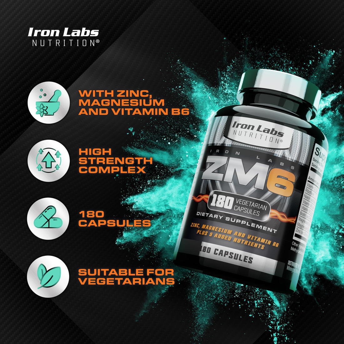 Iron Labs ZM6 - High Strength Zinc and Magnesium Supplement - 180 Vegetarian Capsules (3 Month Supply) - Super Enhanced Zinc Magnesium Aspartate and B6 Complex