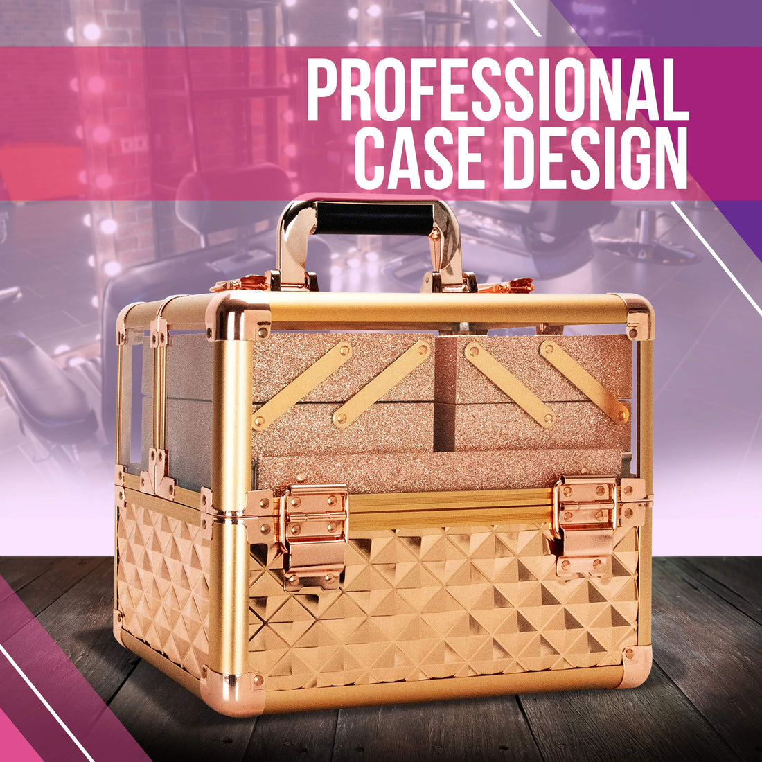Ver Beauty 3.8mm armored acrylic makeup case jewelry portable travel organizer with 4 extendable trays clear cover micro-fiber cloth brush holders keylocks - vp017, Rose Gold Diamond