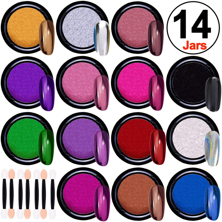Duufin 14 Jars Chrome Nail Powder Metallic Nail Art Powder Mirror Effect Manicure Chrome Powder 14 Colors Nail Powders with 14 Pcs Eyeshadow Sticks, 1g/Jar