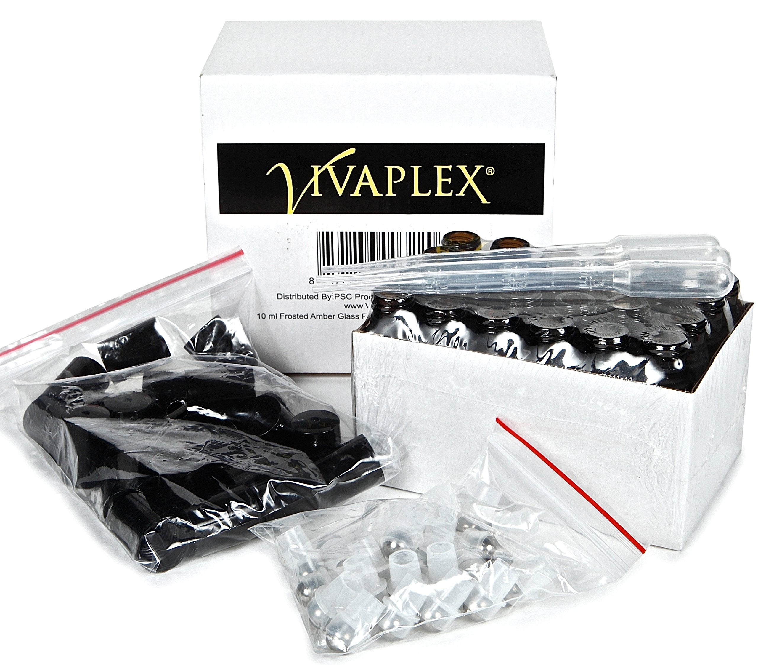Vivaplex, 24, Frosted Amber, 10 ml Glass Roll-on Bottles with Stainless Steel Roller Balls. 3 - 3 ml Droppers included