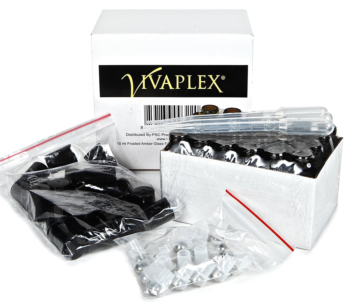 Vivaplex, 24, Frosted Amber, 10 ml Glass Roll-on Bottles with Stainless Steel Roller Balls. 3 - 3 ml Droppers included