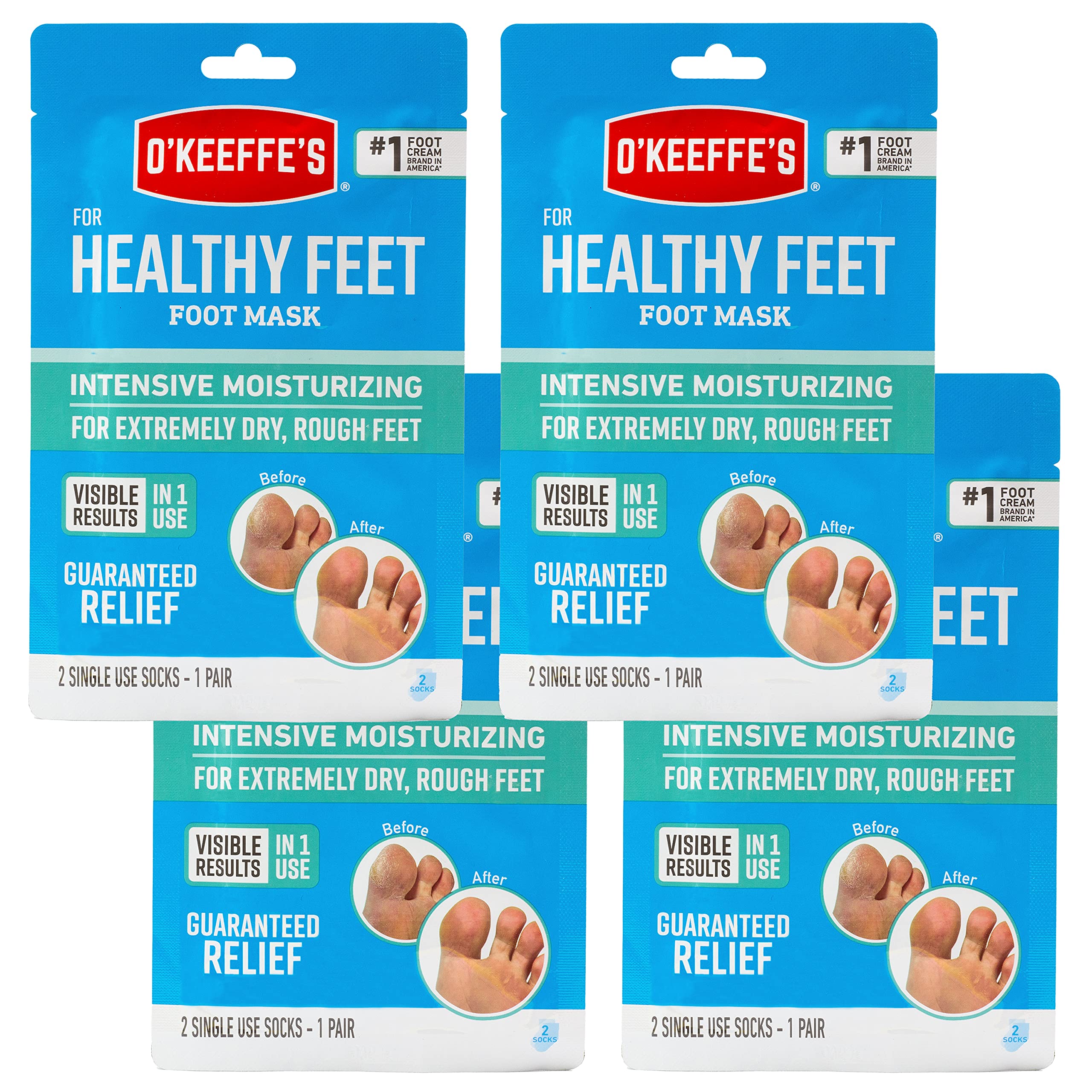 O'Keeffe's for Healthy Feet Intensive Moisturizing Foot Mask; Guaranteed Relief for Extremely Dry; Rough Feet; One Pair Single-Use Hydrating Foot Mask Socks; (Pack of 4)