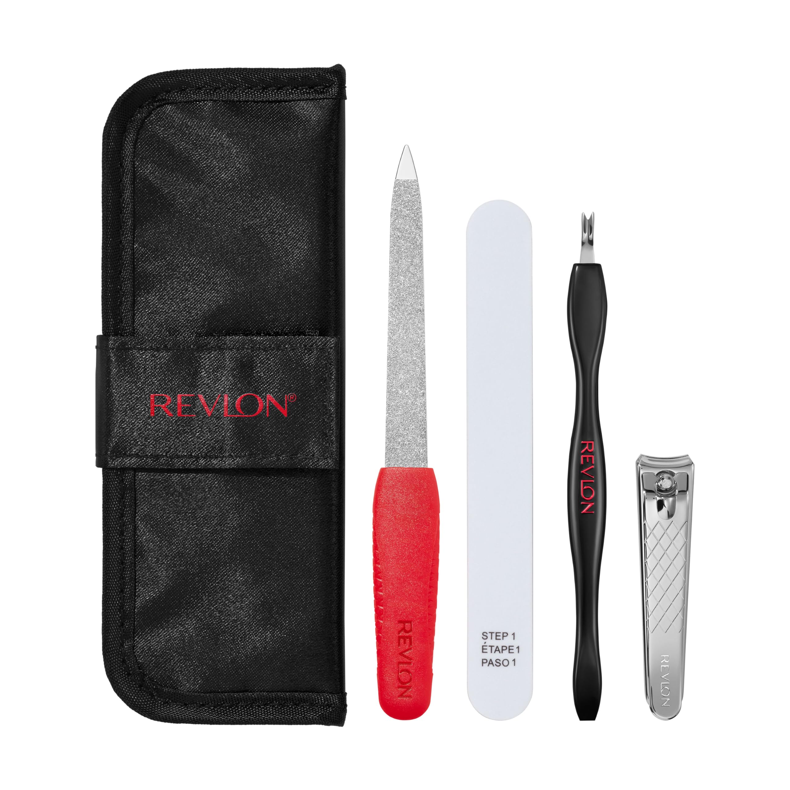 Revlon Manicure Essentials Kit with Travel Case, Nail Care Set with Dual Ended Cuticle Trimmer, Curved Blade Clippers, Compact Emeryl File & Buffer (Pack of 1)