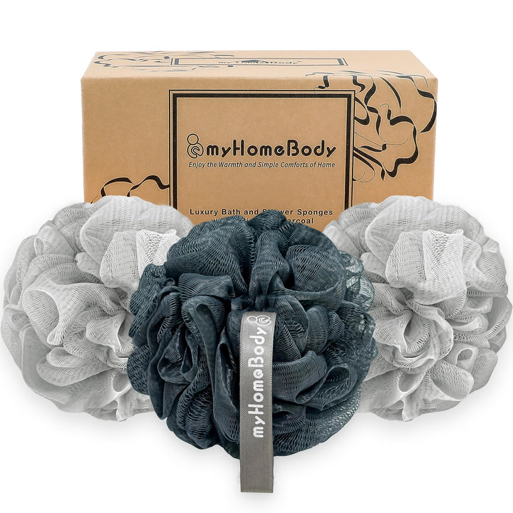 myHomeBody Large 70g Loofah Sponge, Body Scrubber, Bath Sponge, Loofah for Women, Men, Exfoliating Sponge Shower Pouf with Activated Charcoal - 2 Fog Gray + 1 Midnight Blue, 3 Pack