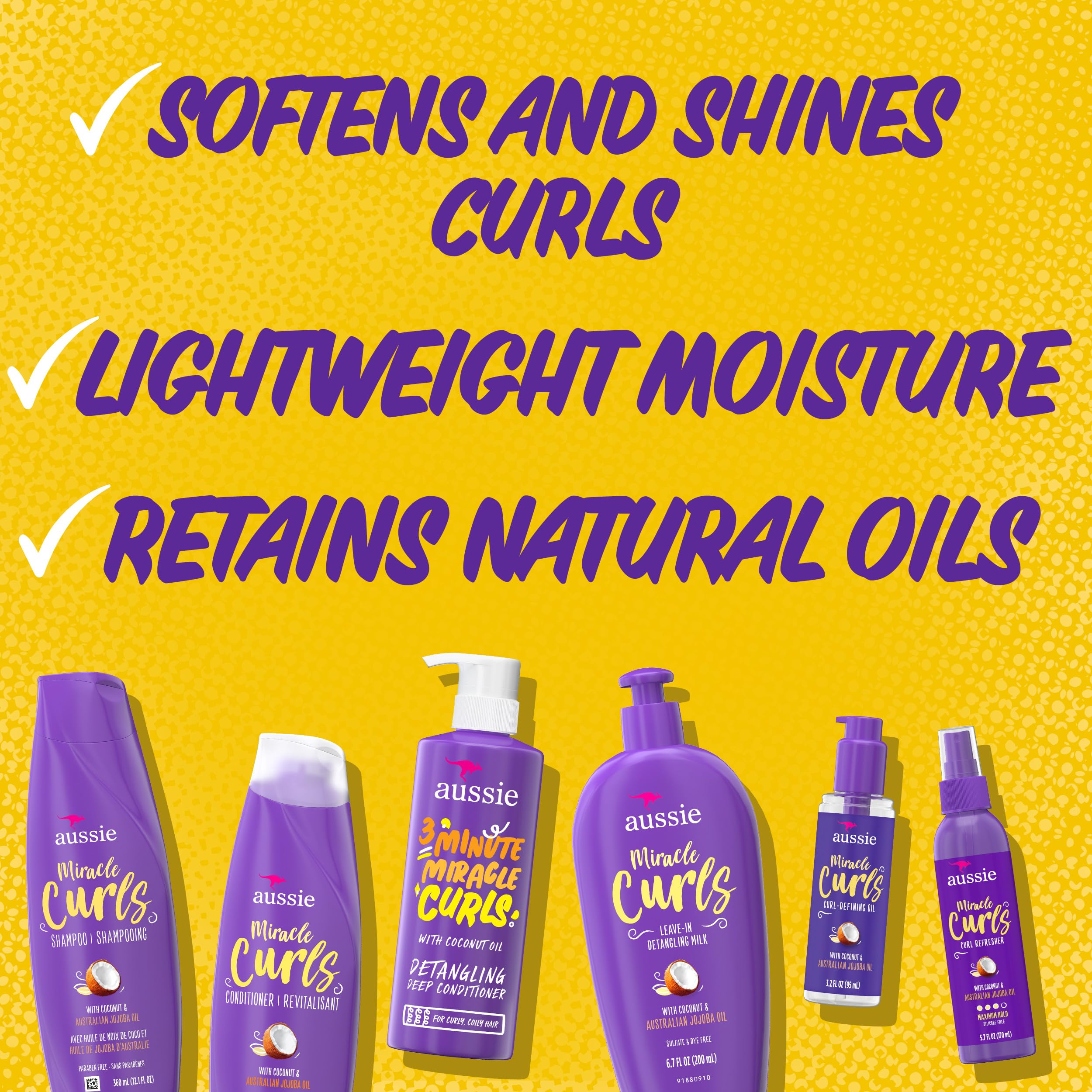 Aussie Miracle Curls Set: Shampoo, Conditioner, Deep Hydration, Spray Gel, Detangling Milk, and Oil Hair Treatment, Curl Oil, Coconut & Jojoba, Frizz Control, 6 Pieces