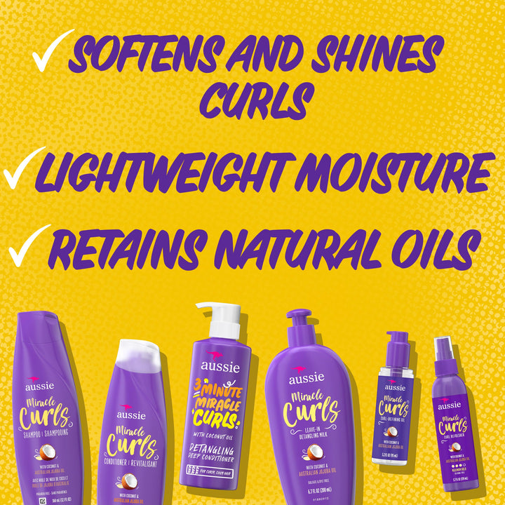 Aussie Miracle Curls Set: Shampoo, Conditioner, Deep Hydration, Spray Gel, Detangling Milk, and Oil Hair Treatment, Curl Oil, Coconut & Jojoba, Frizz Control, 6 Pieces