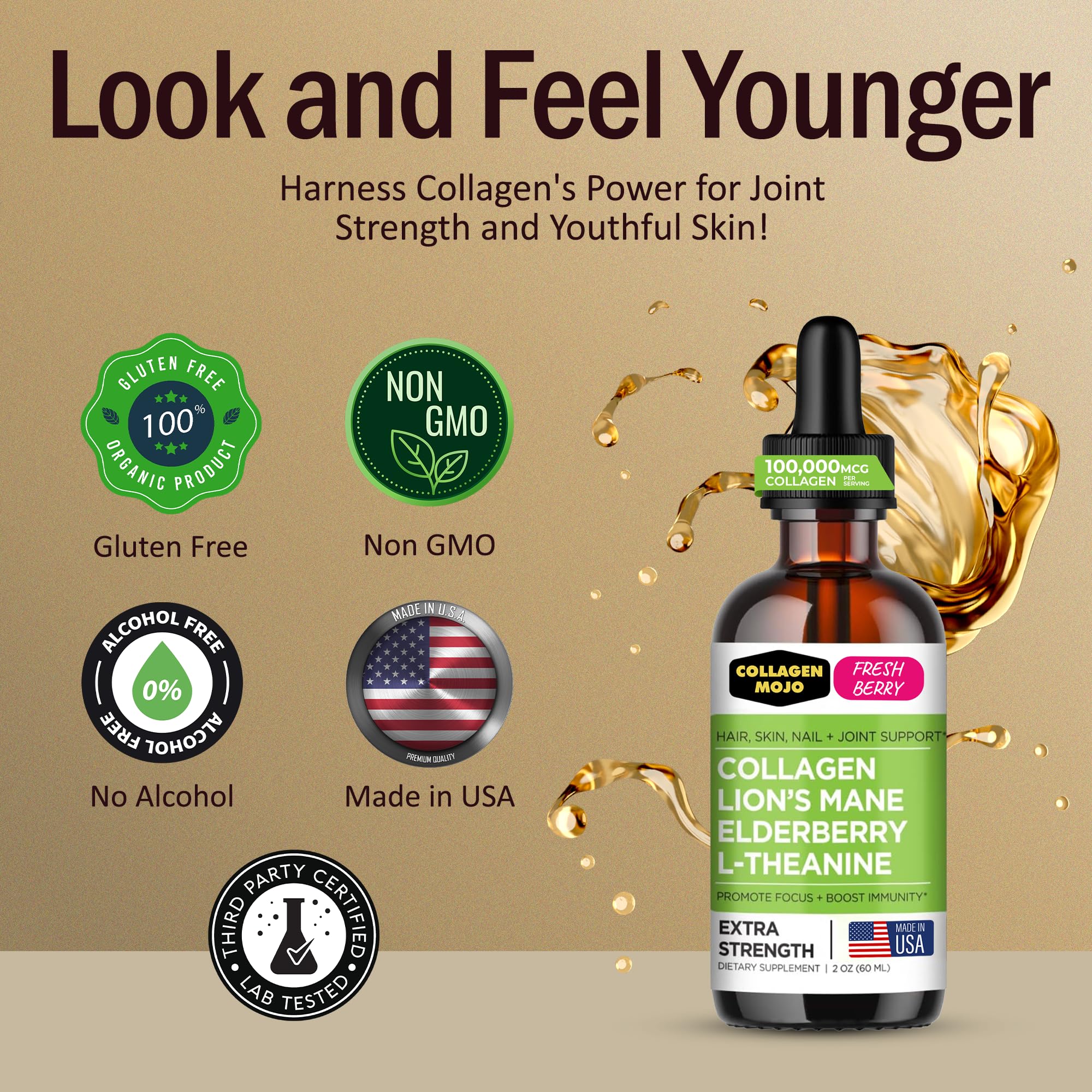 Collagen Mojo - Liquid Collagen for Women & Men, Collagen Peptides with Lion's Mane Mushroom, Elderberry & L-Theanine - Hair, Skin, Nails, Joint Support, Focus, High Absorption - 100,000mcg, 2 Oz