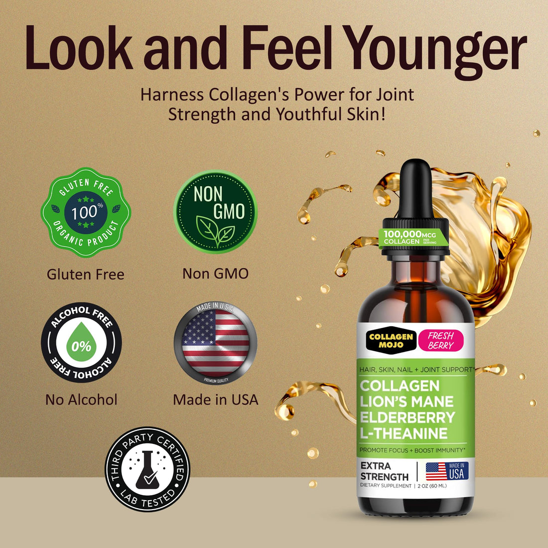 Collagen Mojo - Liquid Collagen for Women & Men, Collagen Peptides with Lion's Mane Mushroom, Elderberry & L-Theanine - Hair, Skin, Nails, Joint Support, Focus, High Absorption - 100,000mcg, 2 Oz