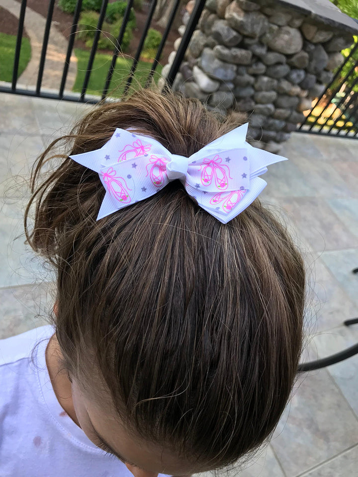 Infinity Collection Dance Hair Bow with Pink Ballet Slippers, Girls Dance Hair Accessories- Dance Elastics For Dance Recitals, Birthday or Just Because