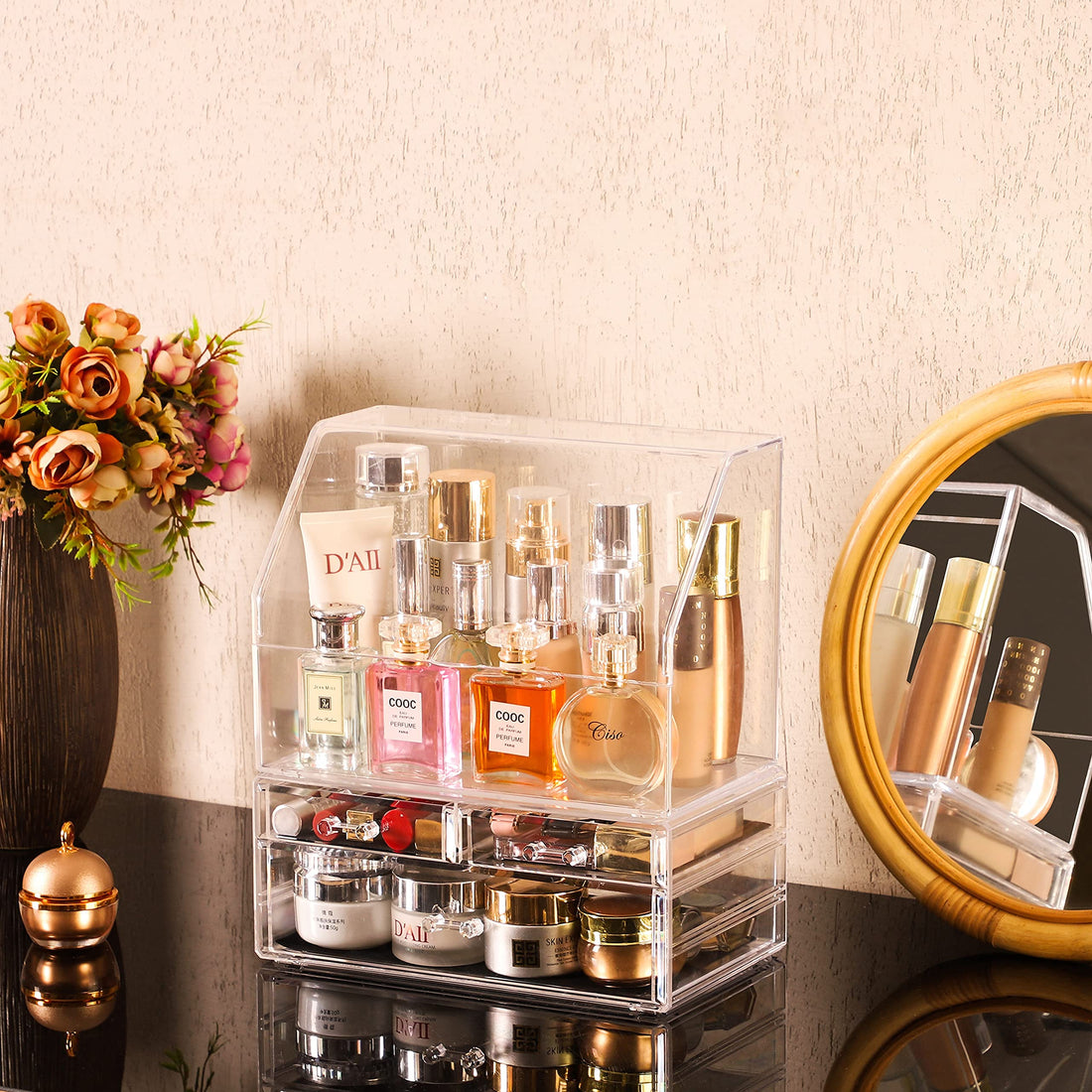 Cq acrylic Makeup Organizer with 3 Drawers -Clear Plastic Skincare and Cosmetic Storage for Vanity Countertop,Dresser Top Organizer for Beauty Products,Cologne Perfume-Bathroom Countertop Organization